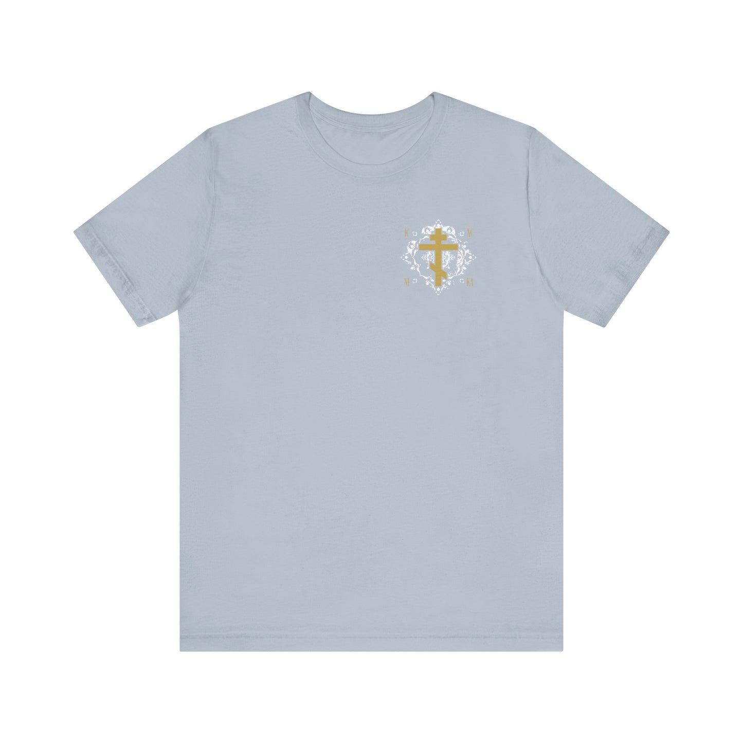Gold Orthodox Cross ICXC NIKA (Small Design) | White Medieval Ornate Floral Pattern | Jesus Christ Conquers | Christian Unisex Tee