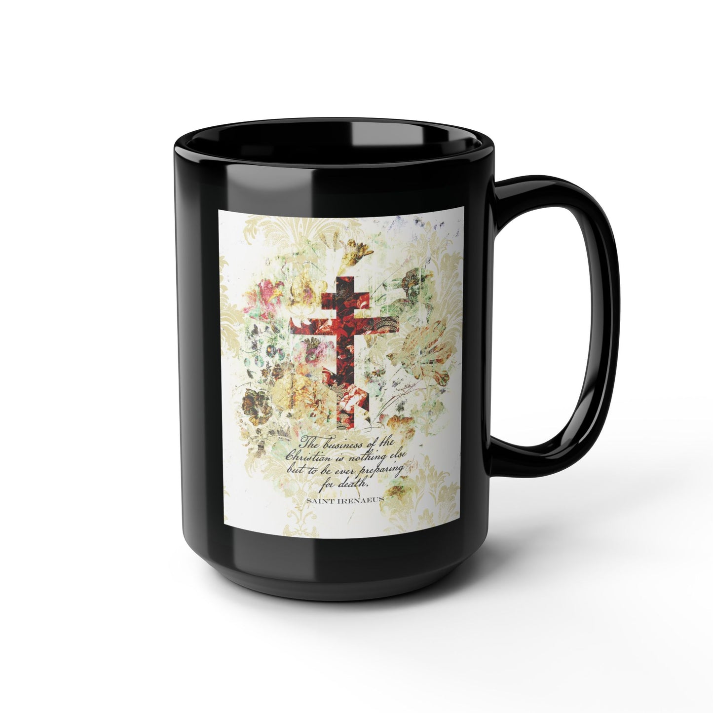 Preparing For Death | White & Beige Floral Scrapbook Texture Cross | Arts & Crafts Style | St Irenaeus | Orthodox Christian Black Mug