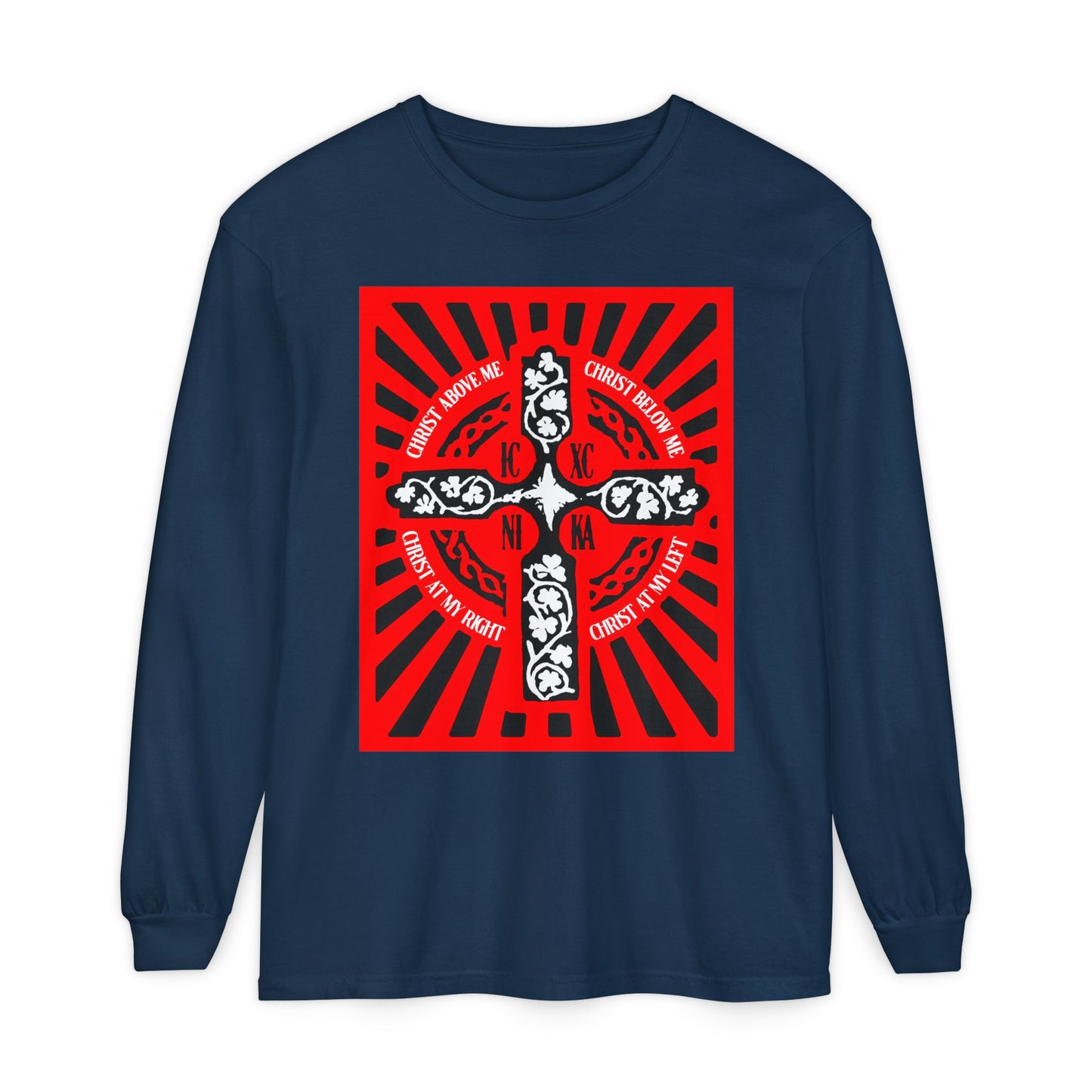 Red ICXC NIKA Enniskillen Celtic Cross | Lorica of St. Patrick | Shield Prayer | Orthodox Christian Long Sleeve Shirt