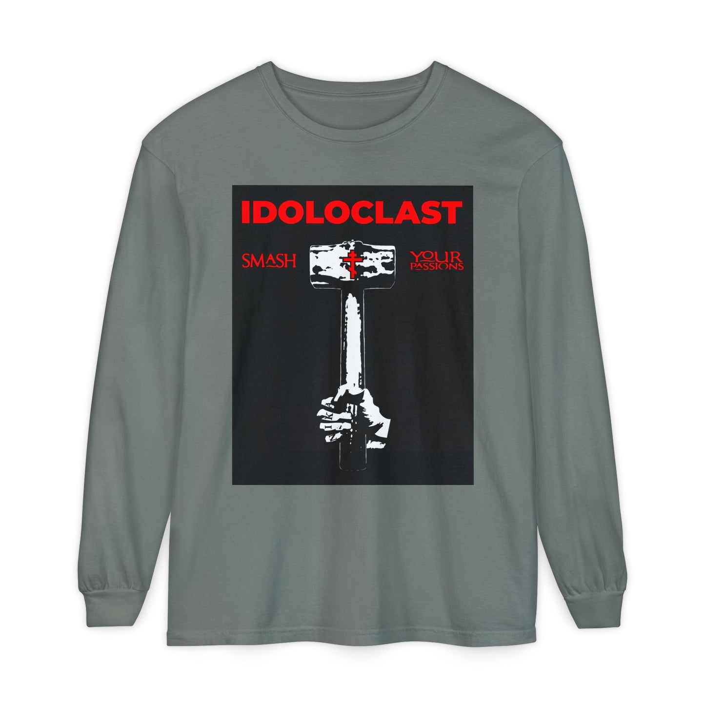 Grey long-sleeve shirt with a graphic of Jesus’ fist holding a sledgehammer and red “IDOLOCLAST” text—a bold Christian ascetic statement to smash your passions. ICXC NIKA. Orthodox Christian-inspired.