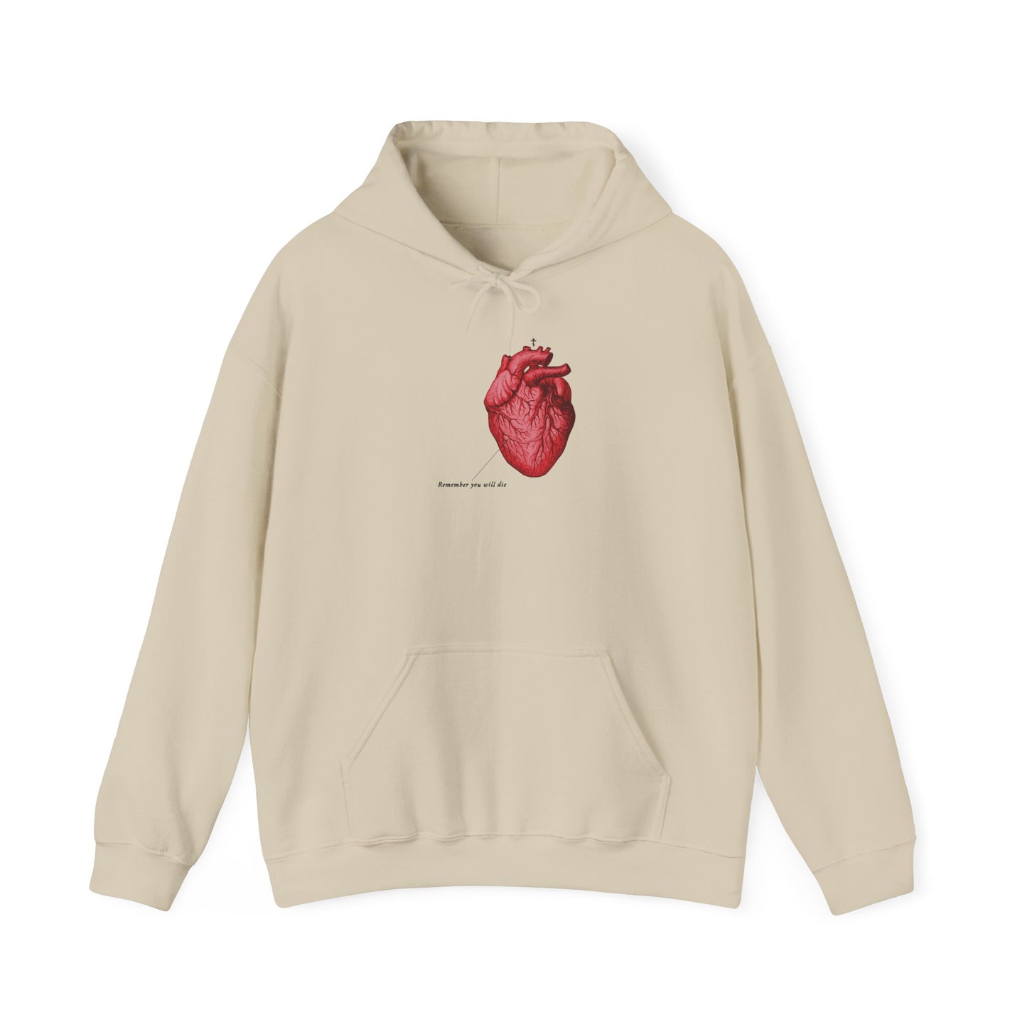 Sand-colored hoodie with retro medical heart graphic, Orthodox cross, and "Remember You Will Die." Inspired by Christian memento mori and Tone 4 Vespers—"It's Later Than You Think.