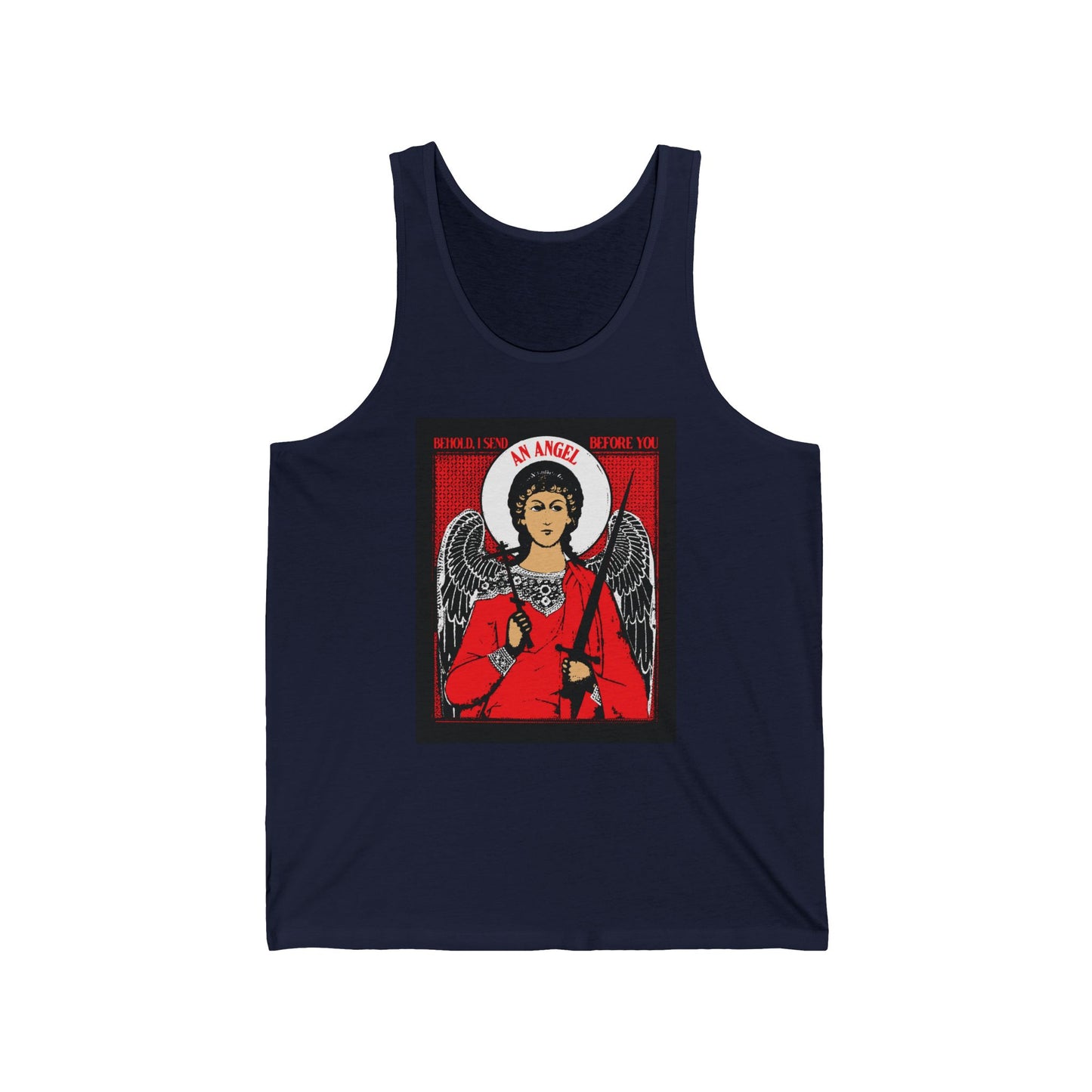 Behold, I Send an Angel Before You (Exodus 23:20) | Guardian Angel With Cross and Sword IconoGraphic | Orthodox Christian Jersey Tank Top / Sleeveless Shirt