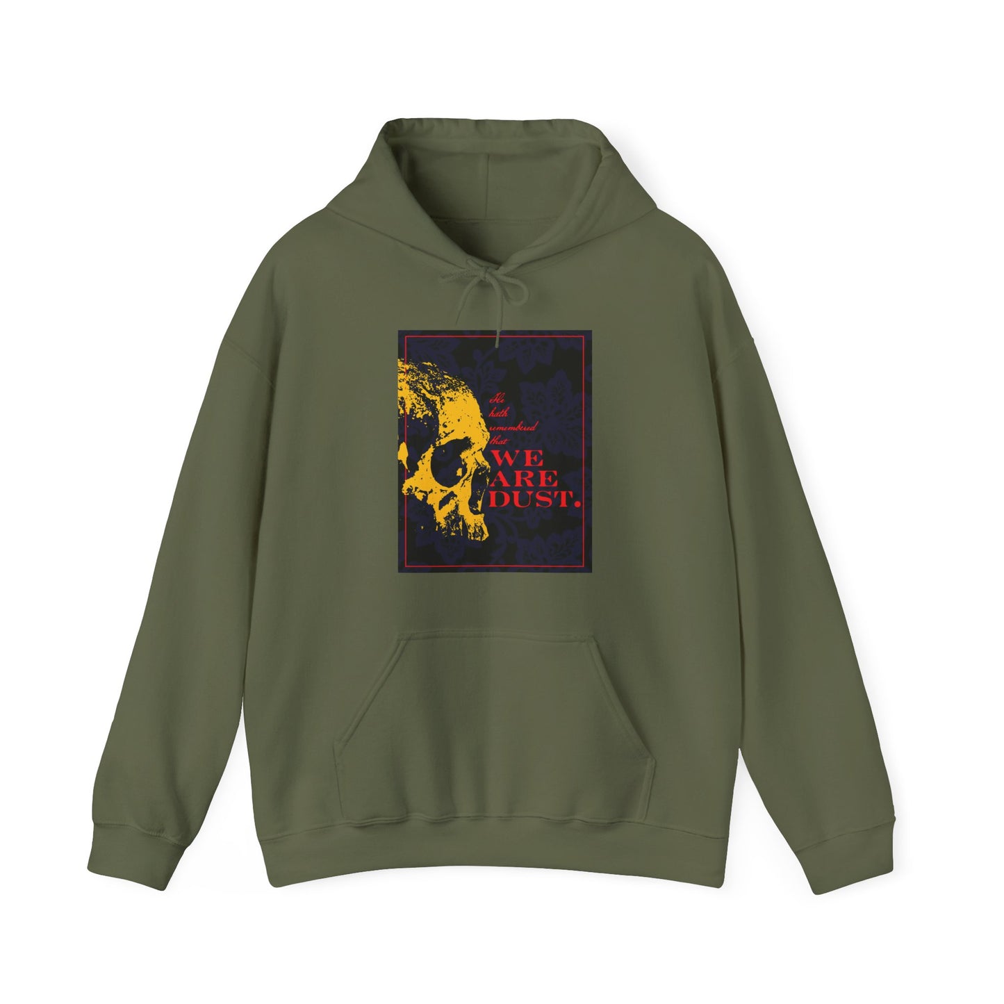 Military green "We Are Dust" hoodie featuring a yellow skull on a blue floral background with red text, inspired by Psalms 102/103 LXX and Orthodox Christian memento mori themes. Gothic style.
