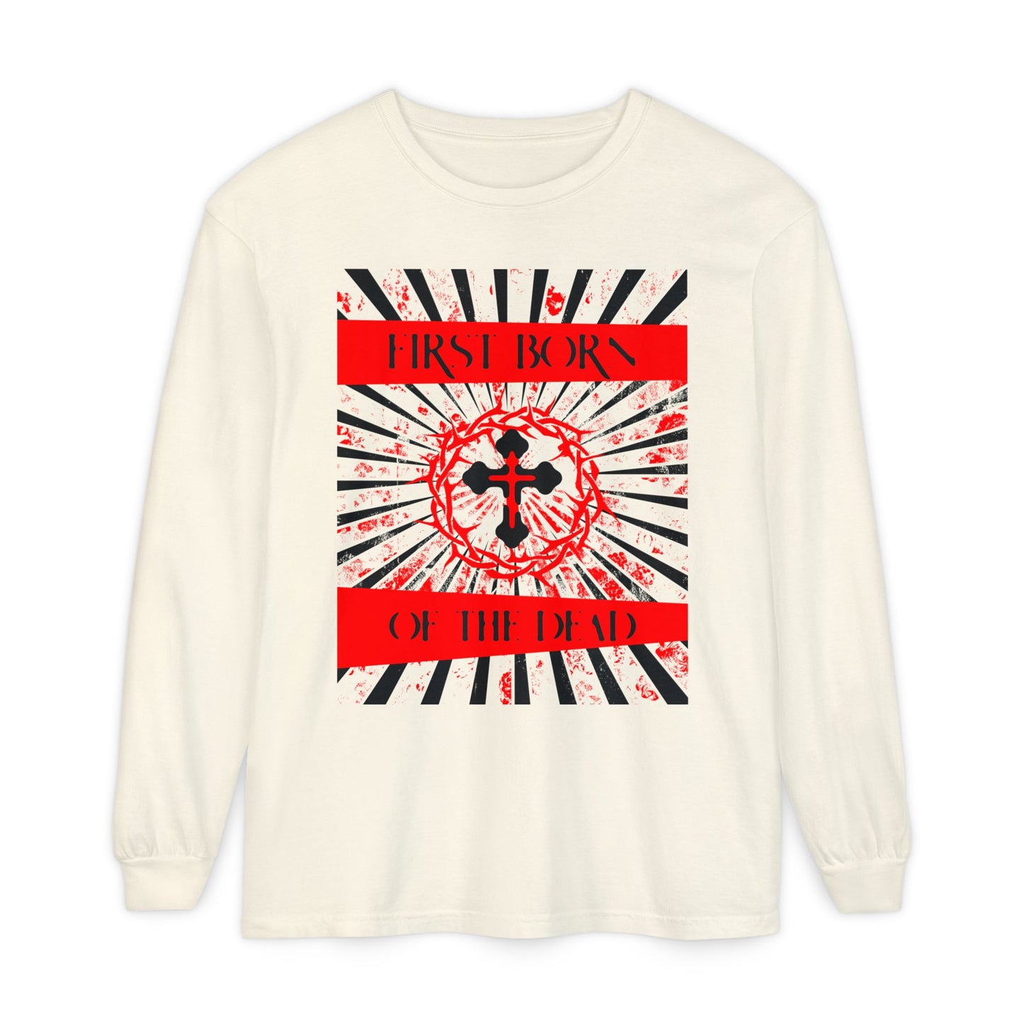 First Born of the Dead | Orthodox Cross and Crown of Thorns | Red White and Black Textured Design with Rays | Orthodox Christian Long Sleeve Shirt