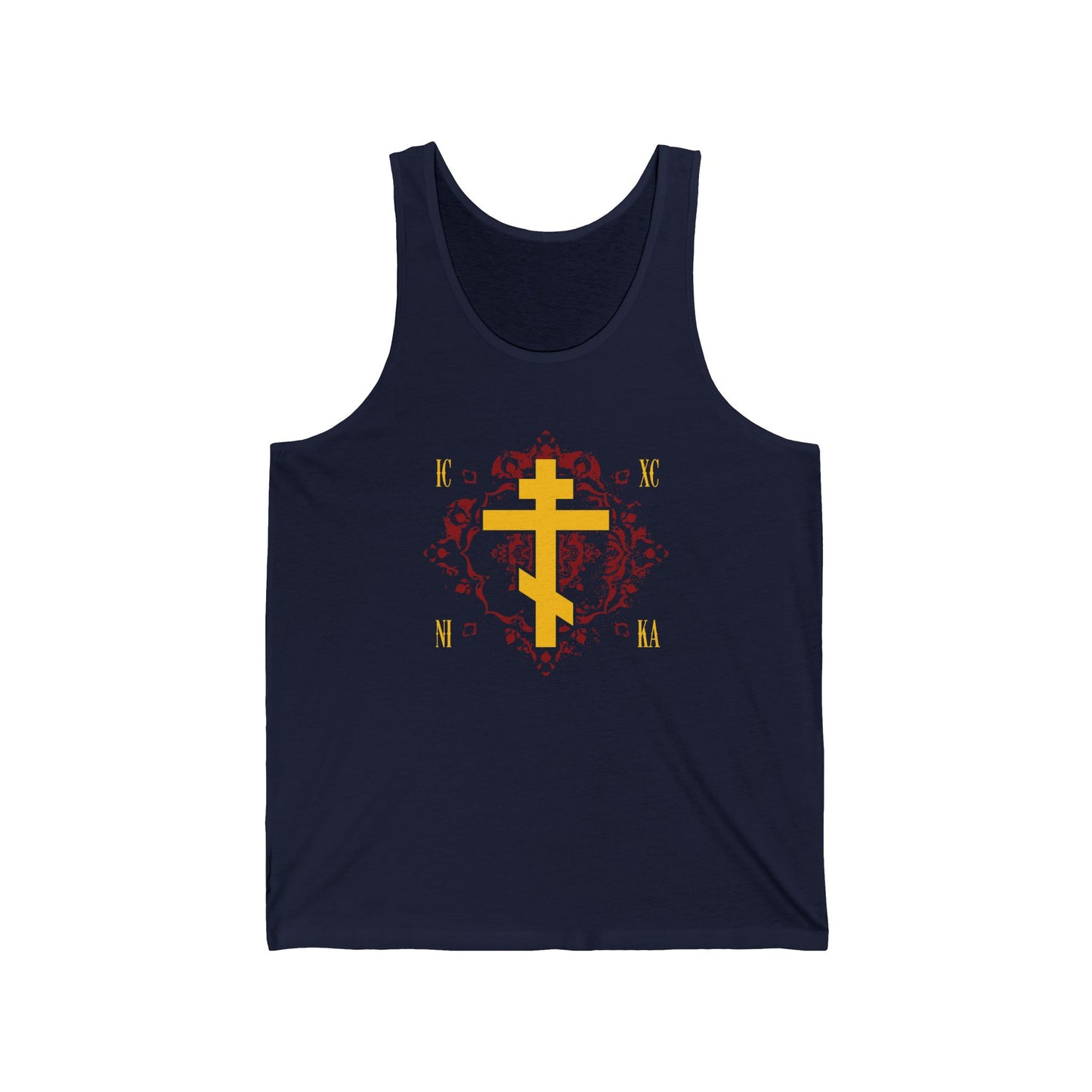ICXC NIKA Yellow Russian Cross on Ornate Red Background | Orthodox Christian Jersey Tank Top / Sleeveless Shirt