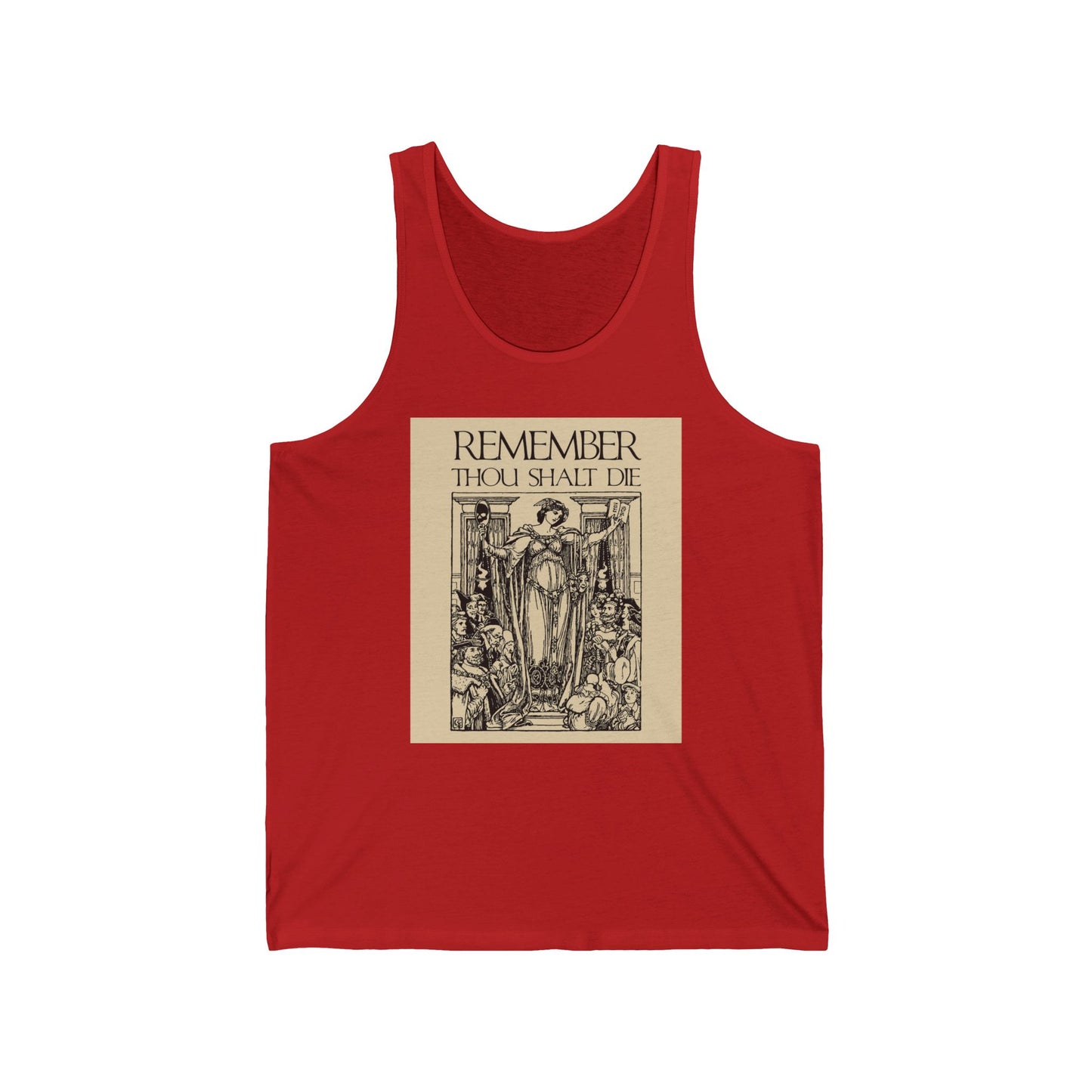 Red tank top featuring a classic woodcut illustration and the phrase "Remember You Will Die," inspired by Orthodox Christian Memento Mori and Shakespearean themes.