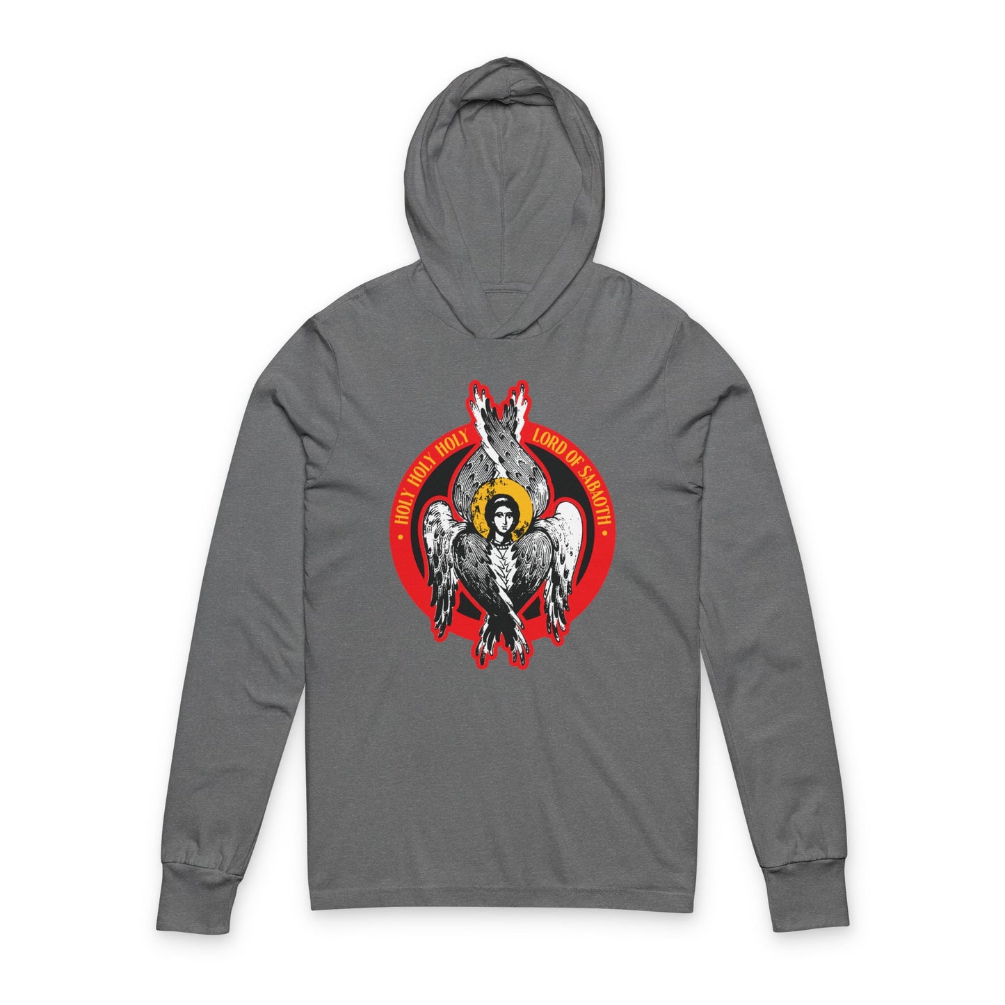 Grey TriBlend hoodie featuring an Orthodox Seraphim angel graphic with “Holy Holy Holy, Lord of Sabaoth” and “Lord of Hosts” text, inspired by Isaiah 6 and the unseen realm. Orthodox Christian iconographic design.