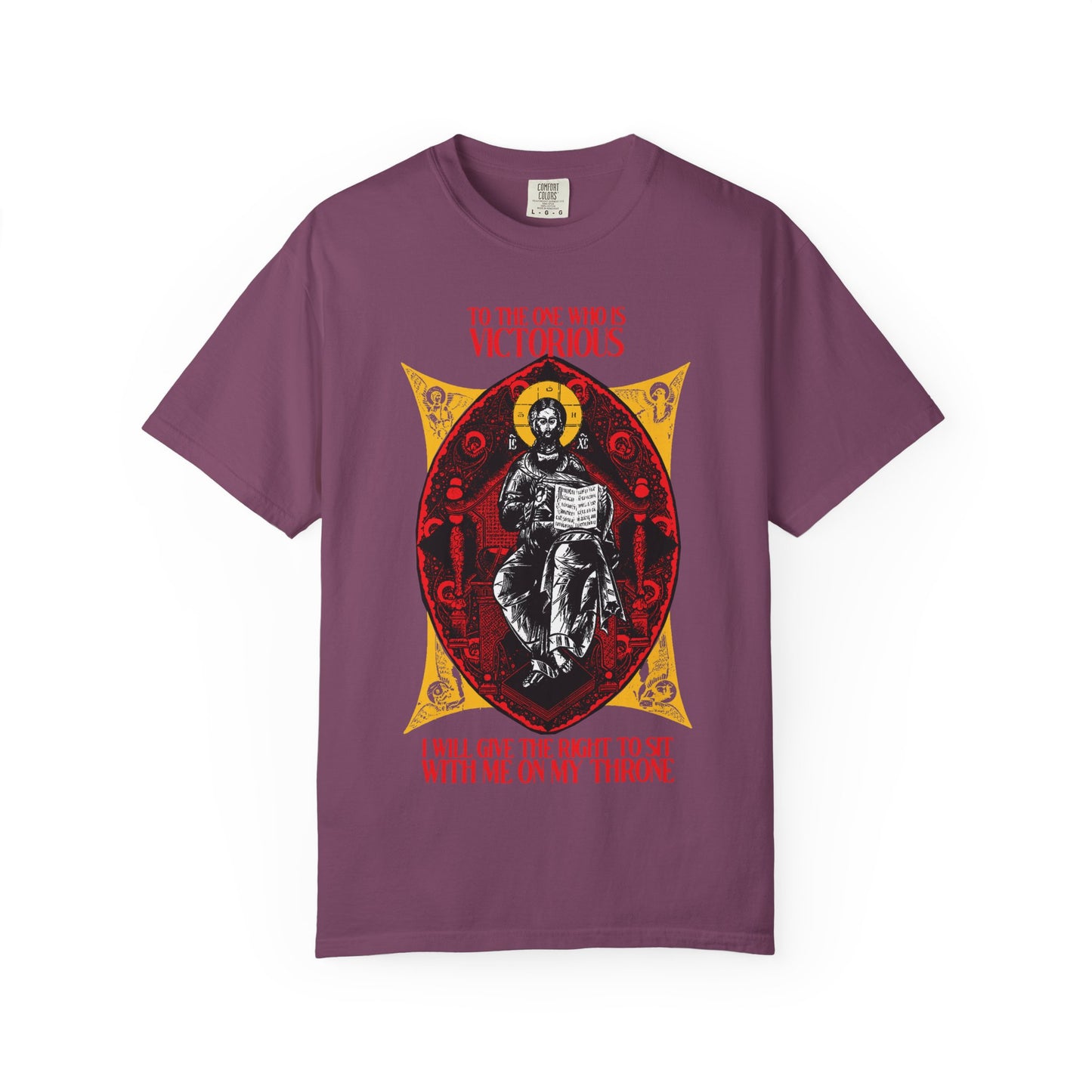 Berry "Christ is King, Enthroned In Glory IconoGraphic" tee featuring a detailed seated figure and red text, inspired by Revelation 3:21’s promise to reign with Christ; heavyweight cotton unisex Orthodox Christian shirt.