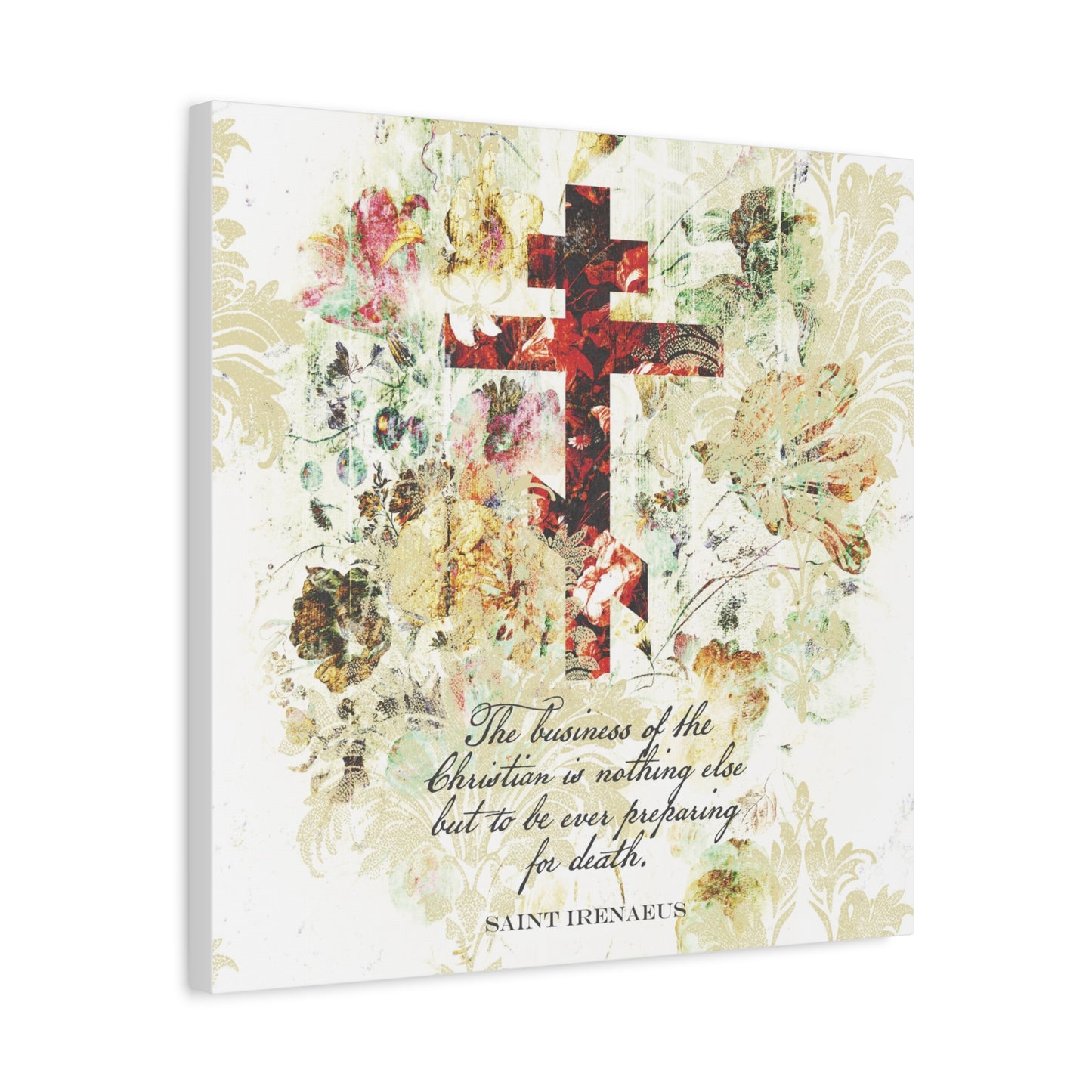 Preparing For Death | White & Beige Floral Scrapbook Texture Cross | Arts & Crafts Style | St Irenaeus | Orthodox Christian Canvas Art