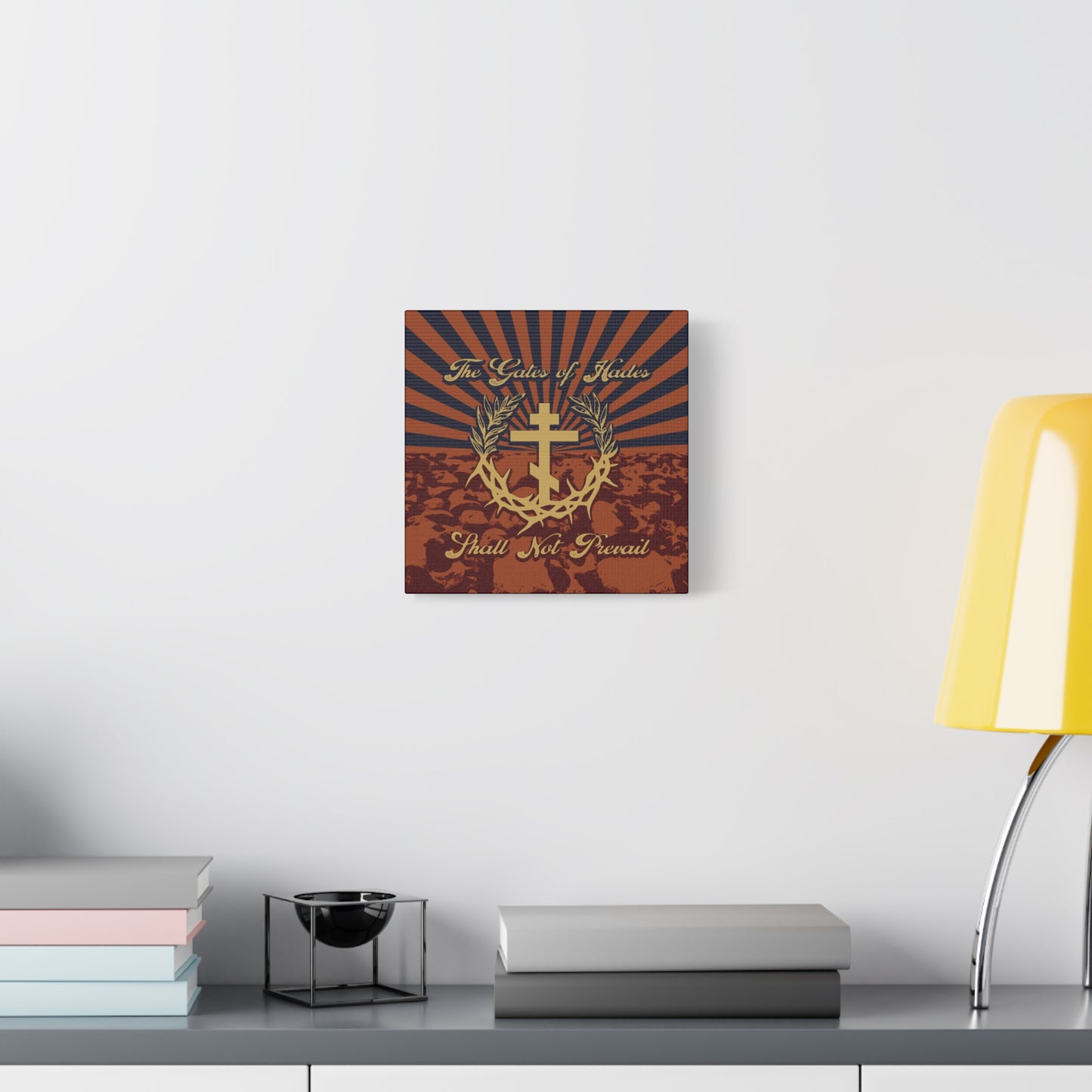 The Gates of Hades Shall Not Prevail | Cross with Wreath & Crown of Thorns | Skulls and Rays | Orthodox Christian Canvas Art
