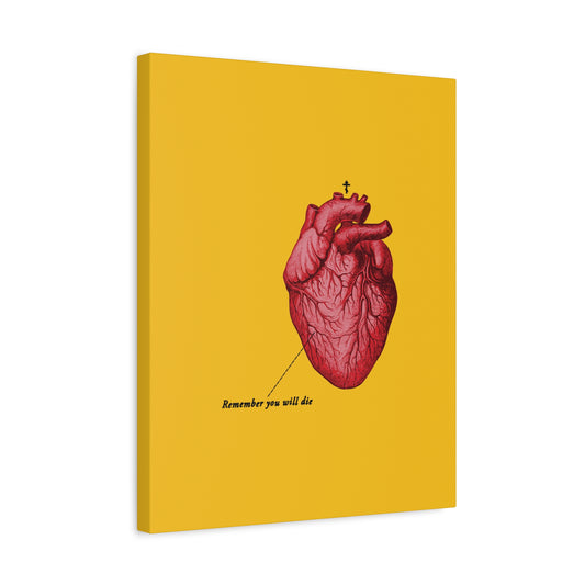 Retro medical textbook heart design with two nails and Orthodox cross, 'Remember You Will Die' memento mori Christian art, symbolizing repentance on a yellow background.