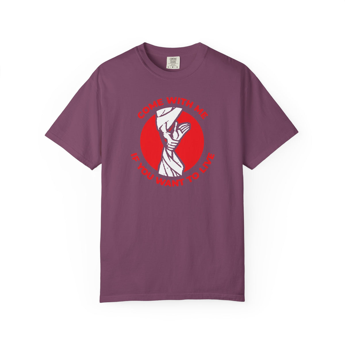 Berry-colored “Come With Me if You Want to Live” heavyweight cotton unisex T-shirt featuring an iconographic image of Jesus pulling Adam out of Hades, two hands within a red circle, and bold text. This Orthodox Christian design is perfect for those who seek the way or embrace the life.