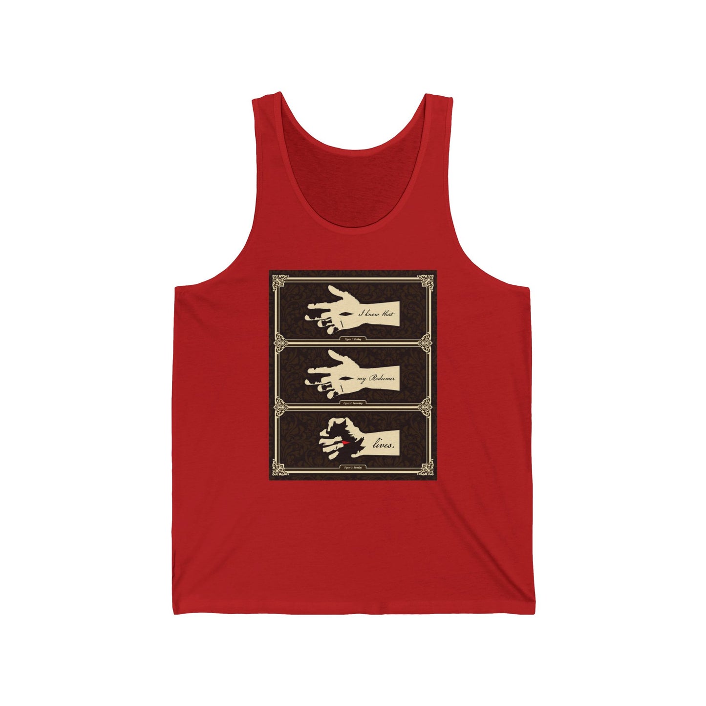 Red tank top featuring "I Know That My Redeemer Lives (Job 19:25)" with the Hand of Crucified Christ in earthtone Americana style—a unique Orthodox Christian piece celebrating Resurrection.