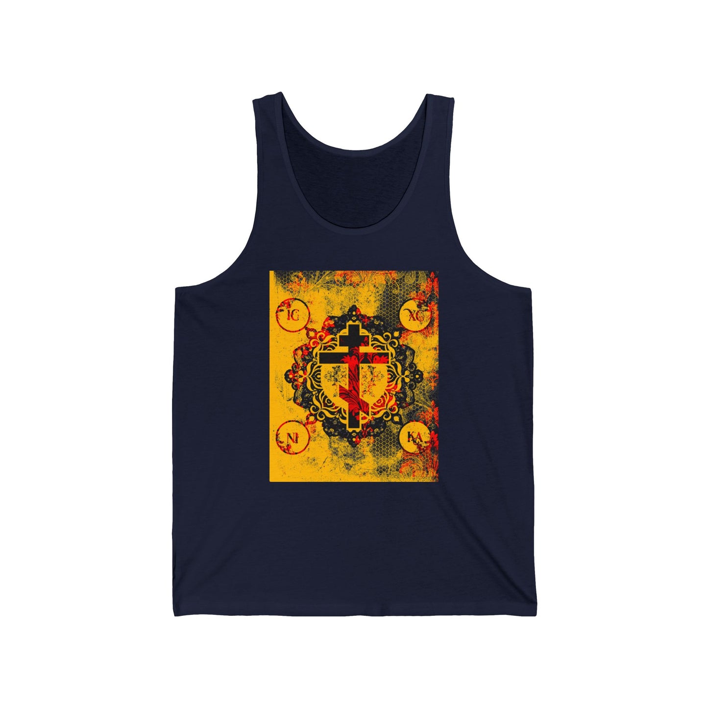 IC XC NIKA Orthodox Cross | Yellow & Red Modern & Medieval Textured Floral Design | Orthodox Christian Jersey Tank Top