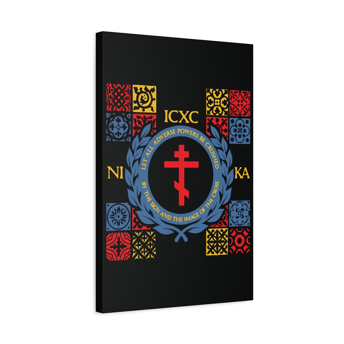 Let All Adverse Powers Be Crushed (Red, Yellow & Blue Design) | ICXC NIKA | Medieval Tile Design | Orthodox Christian Canvas Art
