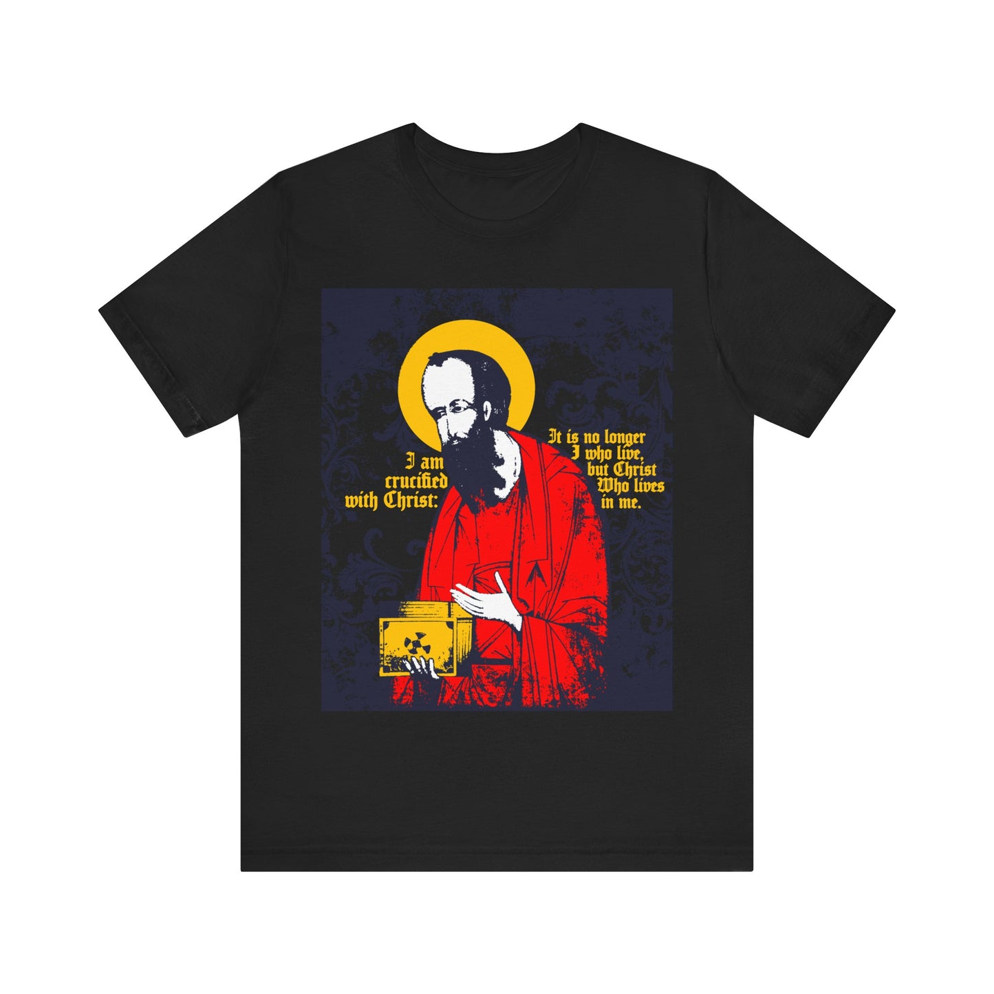 Black St Paul Holding Gospel Iconographic T-shirt featuring Galatians 2:20: "I am crucified with Christ." Orthodox Christian apparel celebrating new life in Christ.