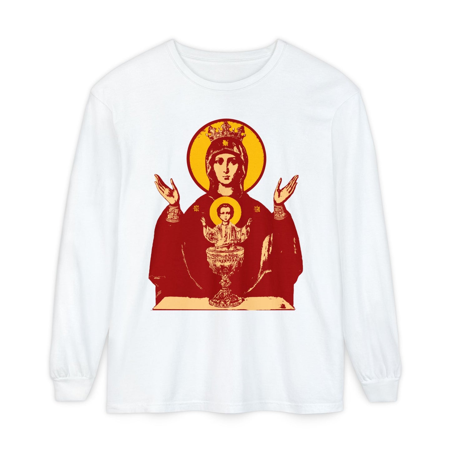 White long sleeve shirt featuring the Holy Theotokos IconoGraphic of the Inexhaustible Chalice—Deliverer from Addictions and Conqueror of Passions. Orthodox Christian design.