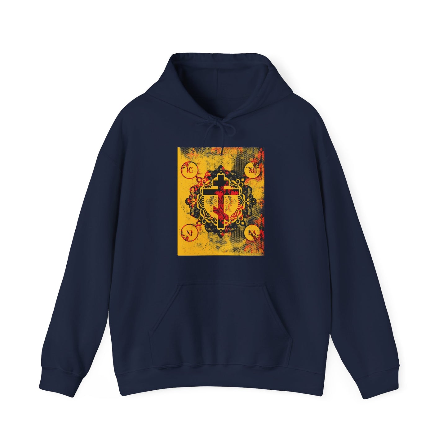IC XC NIKA Orthodox Cross | Yellow & Red Modern & Medieval Textured Floral Design | Orthodox Christian Hoodie
