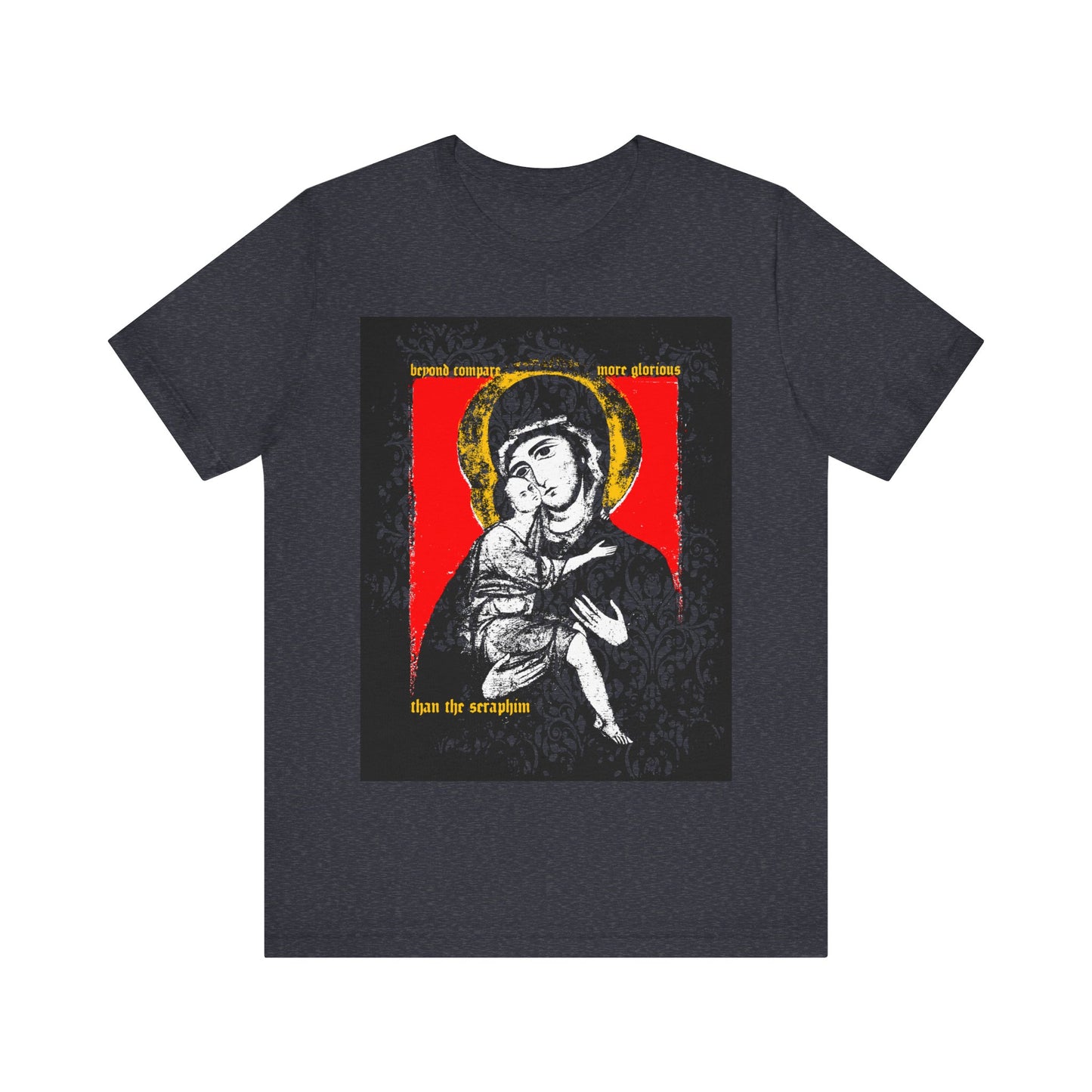 Heather navy t-shirt featuring the Vladimir Theotokos icon of Mary and Jesus with gold accents; a tribute to salvation and divine love. "Beyond Compare More Glorious Than the Seraphim" Orthodox Christian T-Shirt.