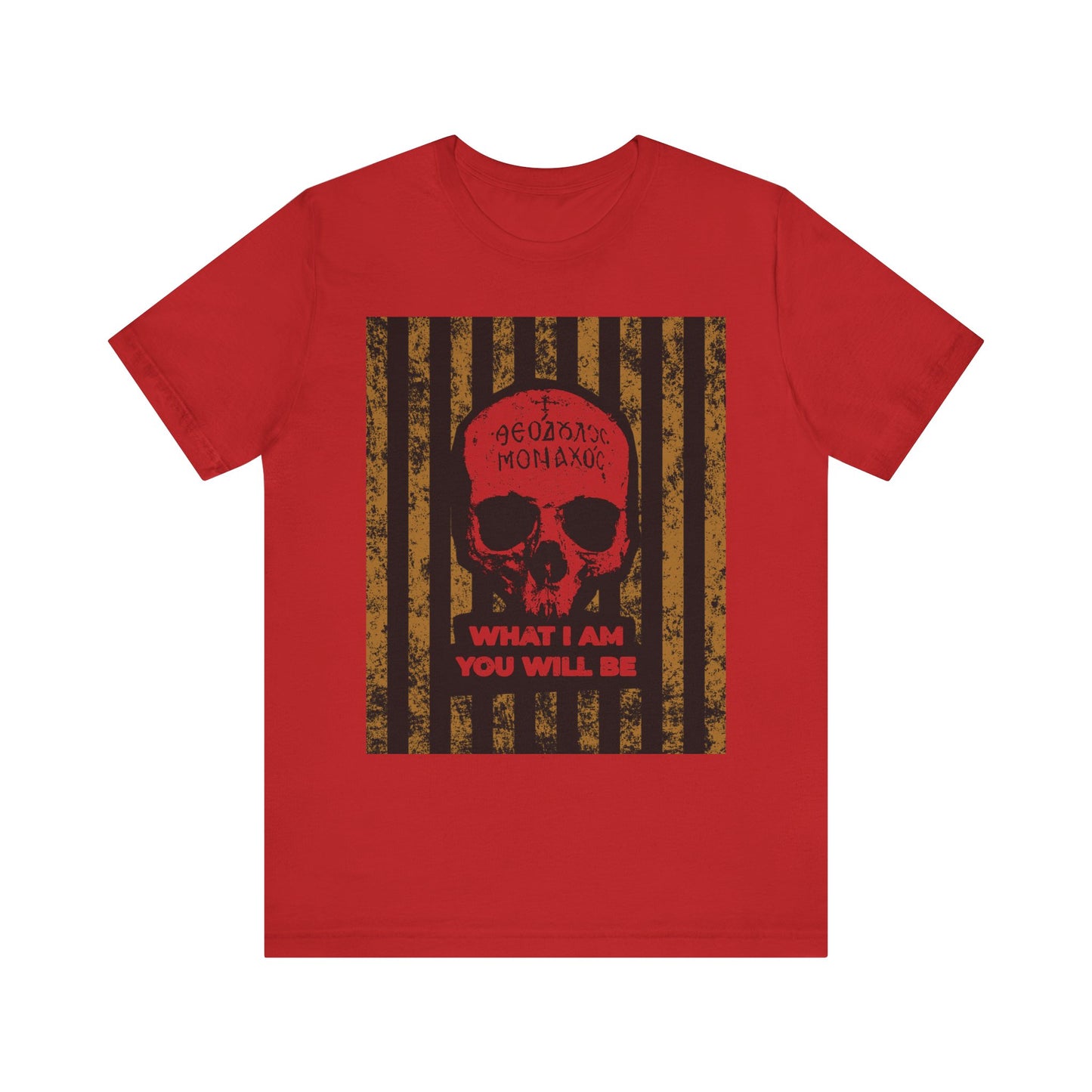Red "What I Am You Will Be" unisex lightweight cotton t-shirt, featuring a Mt. Athos monk skull graphic, Greek text, and a striped background—an ascetic memento mori design inspired by the remembrance of death tradition and figures like St. Ignatius Brianchaninov.