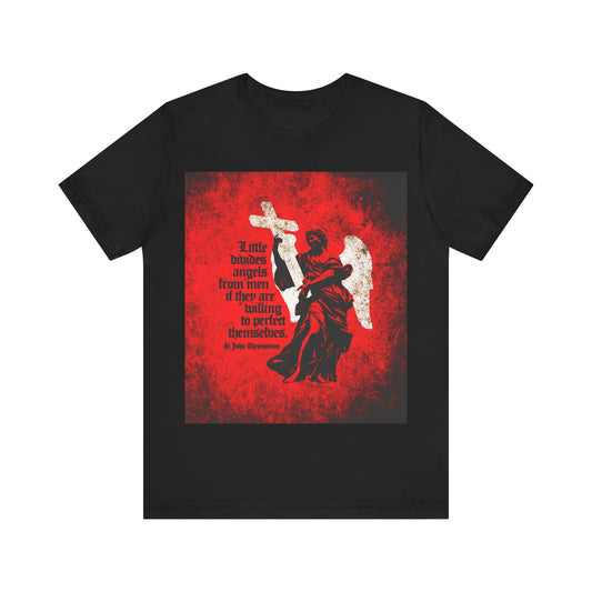 Black "Little Divides Angels from Men" t-shirt features a red square, textured cemetery angel, and St John Chrysostom quote on Christian perfection—ideal for Orthodox Christians inspired by holiness.