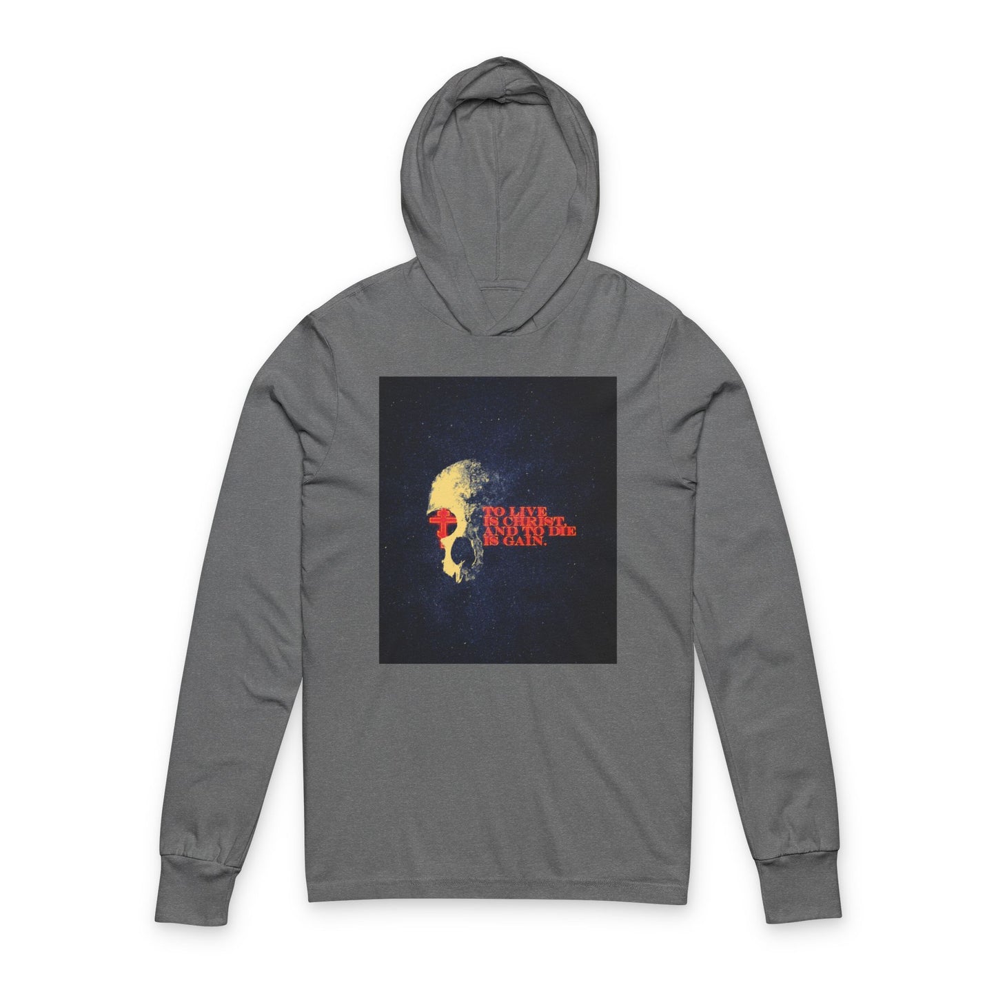 To Live is Christ and to Die is Gain | Phil 1:21 | Retro Texture | Glowing Letters and Cross with Skull | Orthodox Long Sleeve Hooded Shirt