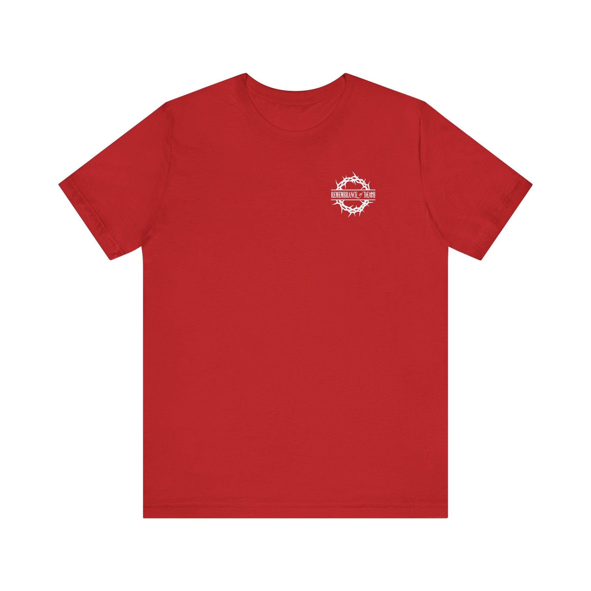 A red t-shirt featuring a small white "Dead to this World" logo on the front, inspired by the Ladder of Divine Ascent, with a Christian goth flower cross and skull design and 70s typography on the back.