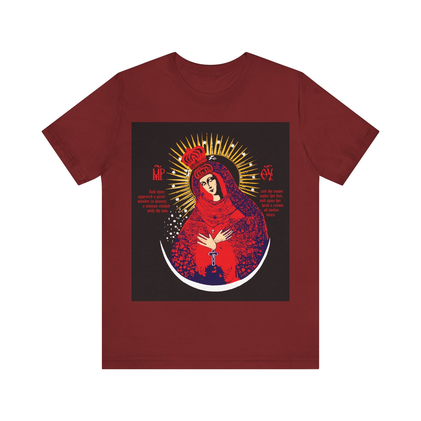 Cardinal cotton t-shirt featuring a stylized Our Lady the Gate of Dawn icon, inspired by Vilnius, with golden halo and red-blue-gold accents. "Icono-Graphic | Theotokos Crowned | Woman of the Apocalypse" Orthodox design.