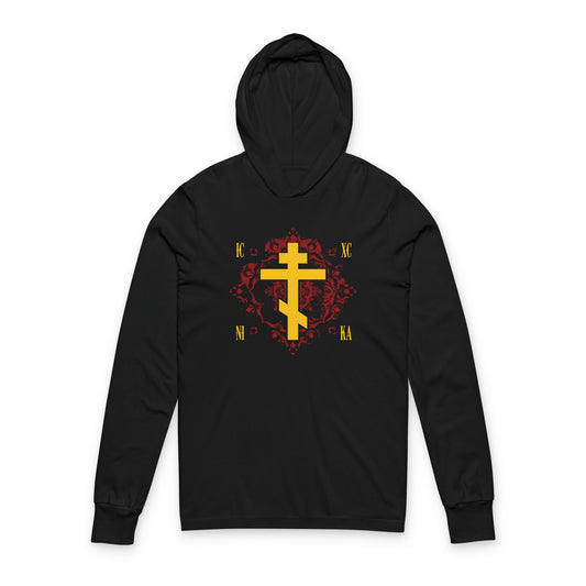 Black Orthodox long-sleeve hoodie with a yellow Russian Cross and ornate red background, featuring ICXC NIKA—Jesus Christ Conquers design.
