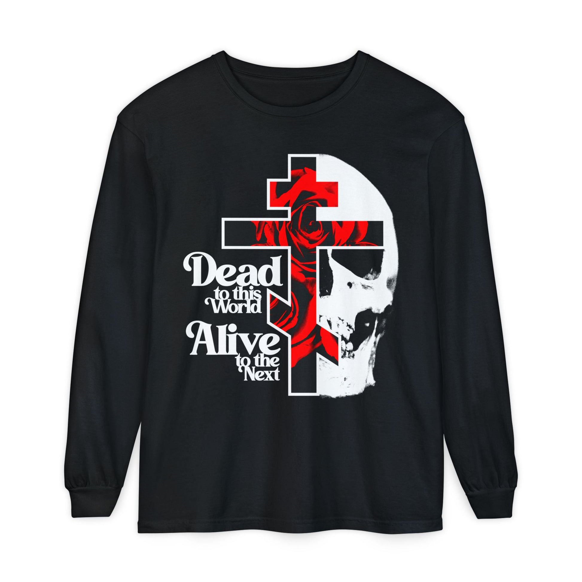 Black long-sleeve "Dead to this World" shirt featuring a cross, skull, and red rose with 70s typography—Orthodox Christian design symbolizing spiritual transformation. Bestselling Christian Goth style.