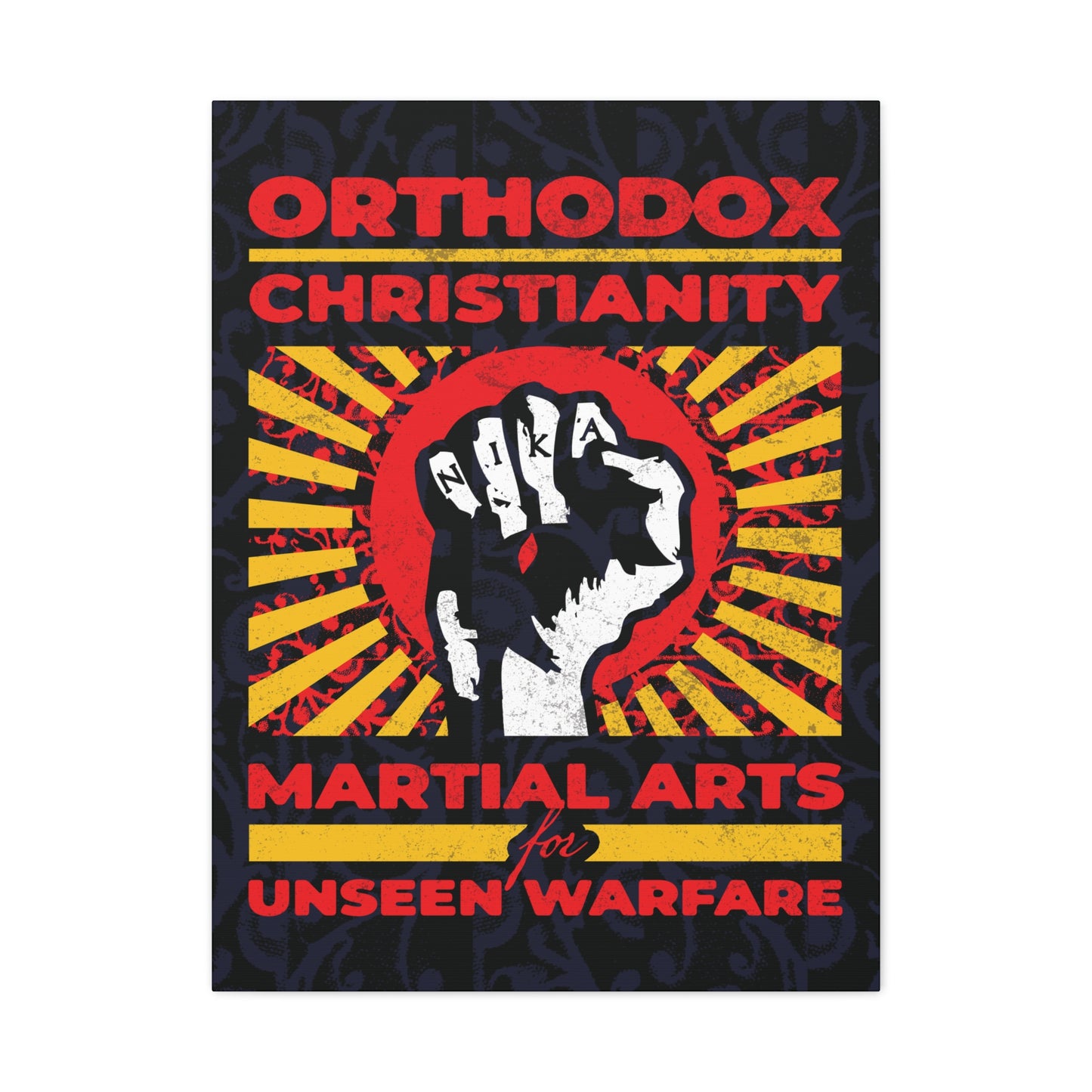 Orthodox Christianity: Martial Arts for Unseen Warfare | NIKA Jesus Fist on Colorful Sunburst Design | Orthodox Christian Canvas Art