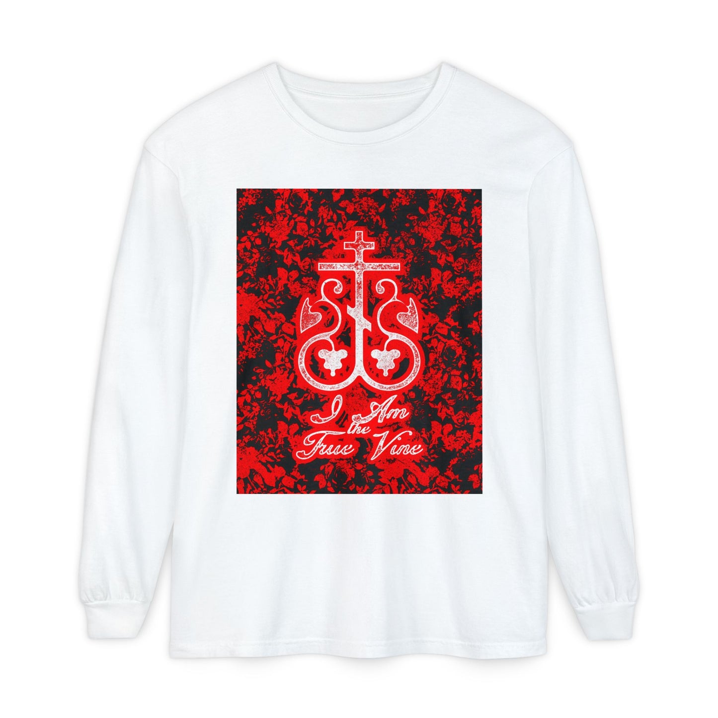 I Am the True Vine (John 15:1) | Orthodox Cross Vine Monogram | Red and Black Floral Design | Orthodox Christian Long Sleeve Shirt