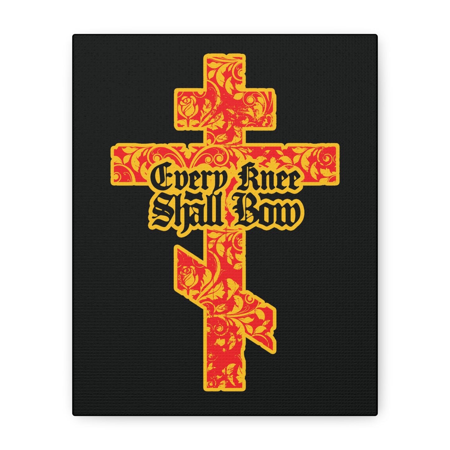 Every Knee Shall Bow (Isaiah 45:22-24, Phil 2:7-11) | Gold and Red Floral Texture Orthodox Cross with Gothic lettering on black background proclaims Jesus Christ is Lord; ideal Christian wall art.