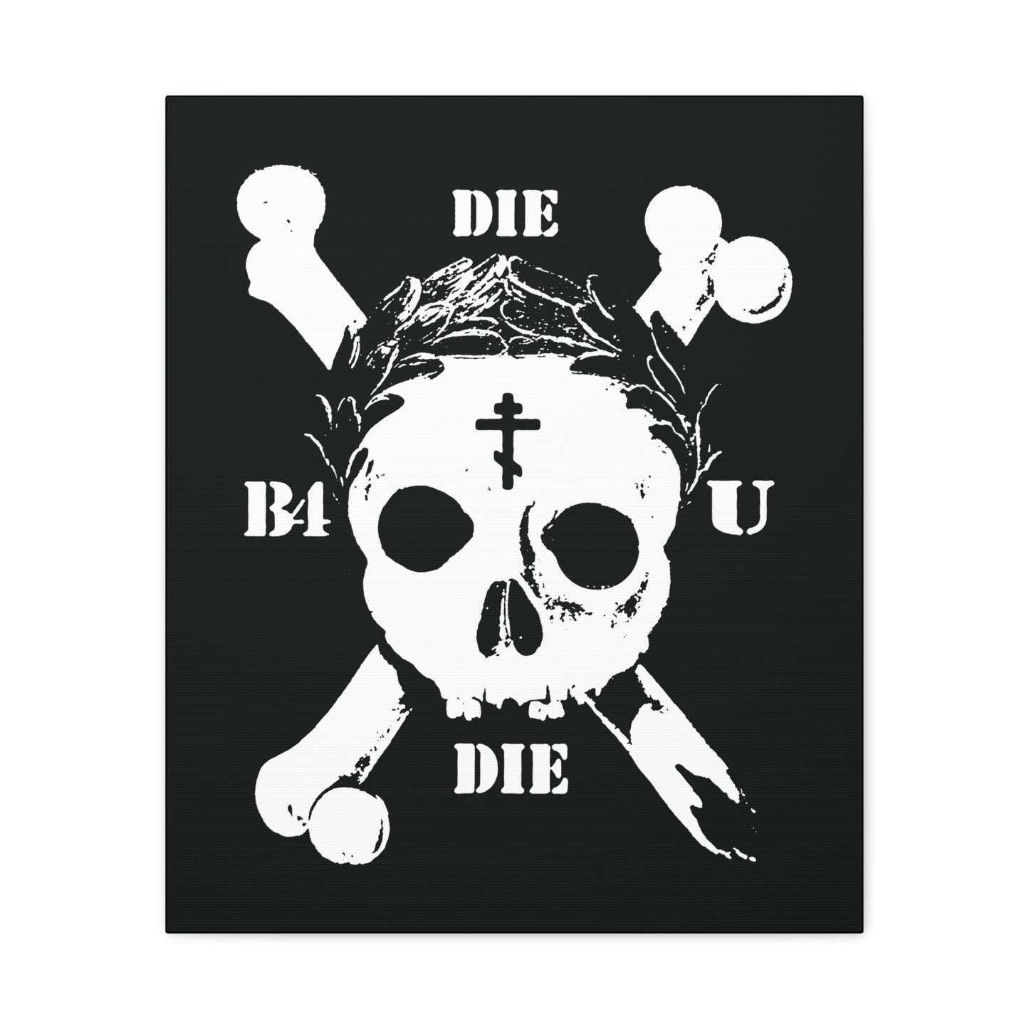 Die Before You Die | Retro Skull & Crossbones, Orthodox Cross, and Laurel Victory Wreath evoke memento mori and Matthew 16:24–25 in this ascetic Christian wall art—reminding us to take up the cross and deny ourselves.