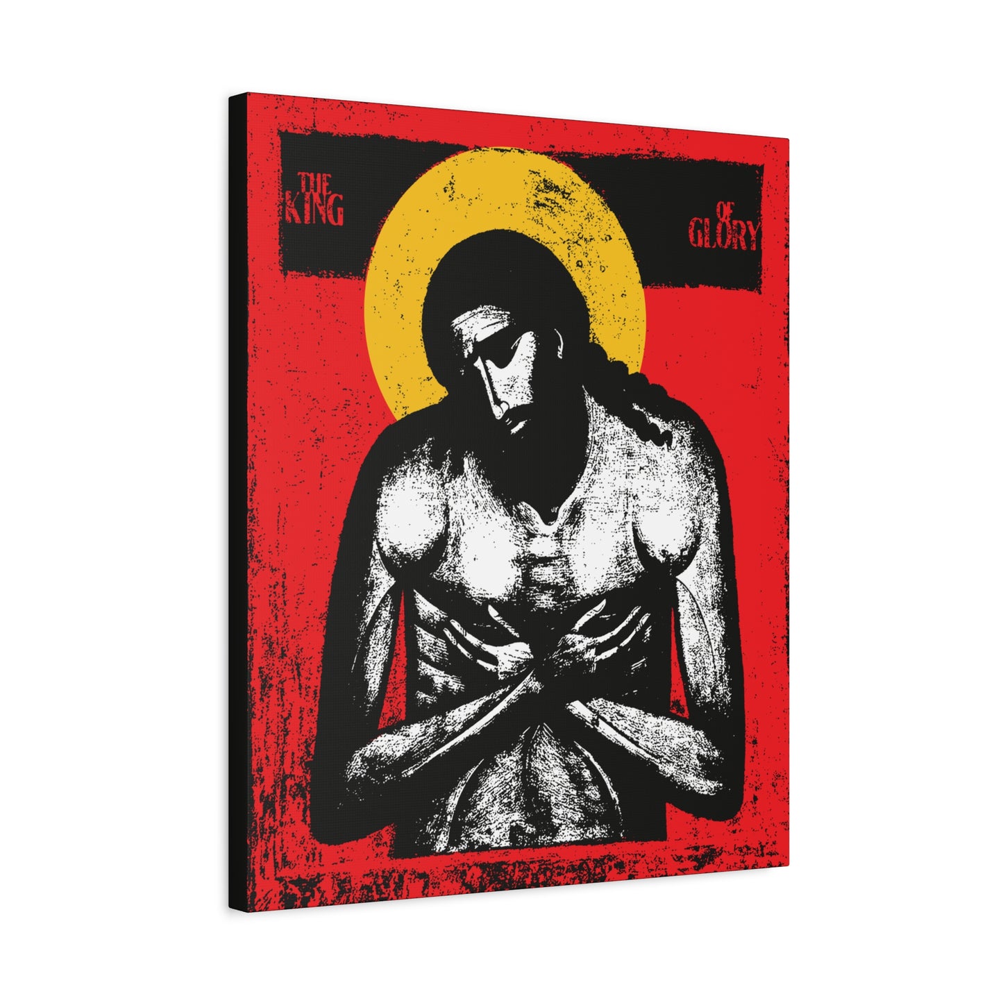 A stylized icon of Jesus Christ with arms crossed, yellow halo, and red background. The King of Glory Jesus Christ "Extreme Humility" IconoGraphic—Christian wall art in red, yellow, white, and black, inspired by Isaiah 53.