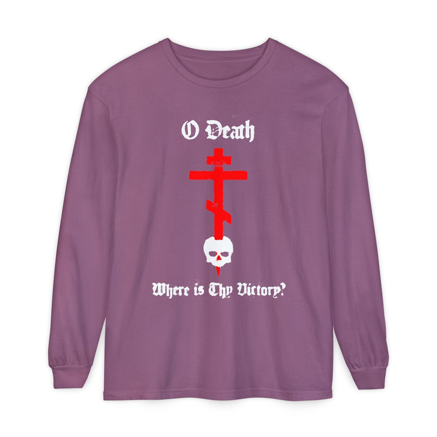 O Death Where is Thy Victory? 1 Cor 15:55 | Cross Stabbing Skull | Spraypaint Aesthetic | Orthodox Christian Long Sleeve Shirt
