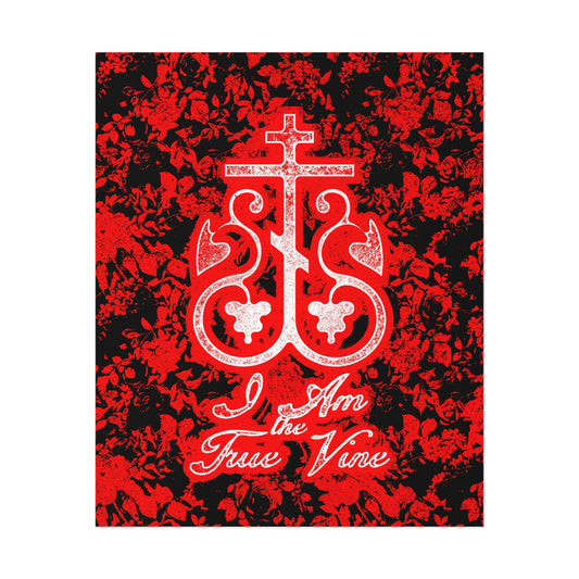 I Am the True Vine (John 15:1) | Orthodox Cross Vine Monogram | Red and Black Floral Design | Orthodox Christian Art Poster