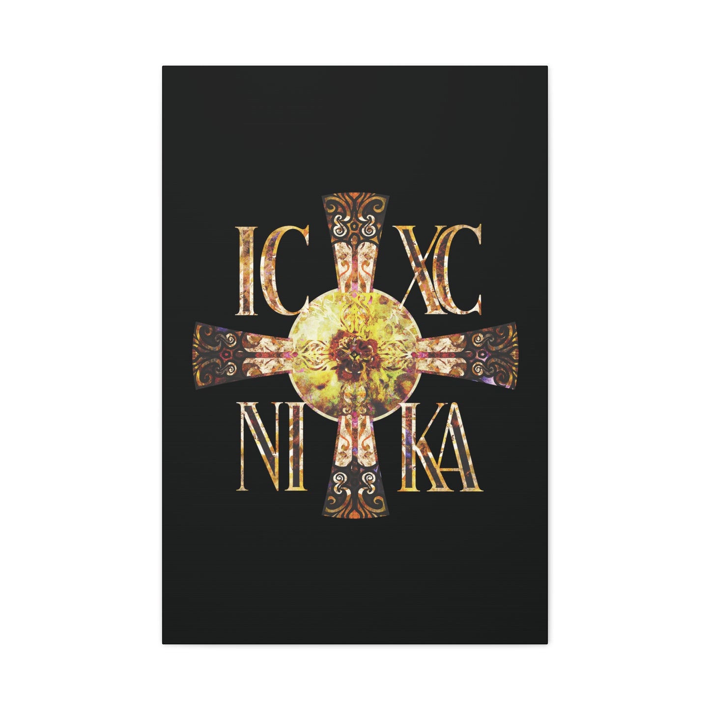 ICXC NIKA Celtic Style Equal Armed Cross | Bright Solar Texture | Orthodox Christian Canvas Art