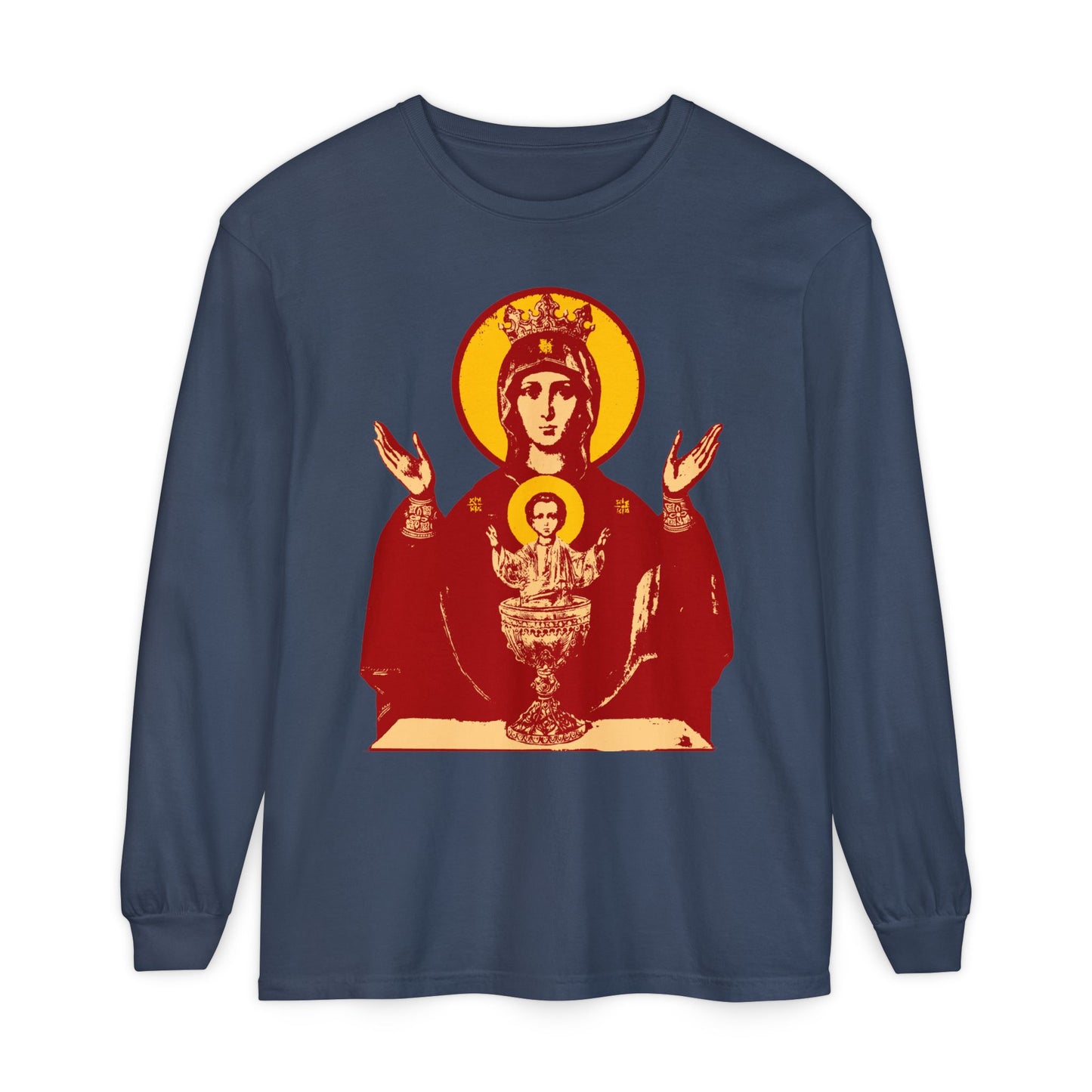 Midnight long-sleeve shirt featuring the Holy Theotokos IconoGraphic of the Inexhaustible Chalice, inspired by Orthodox imagery and known as a deliverer from addictions and conqueror of passions.