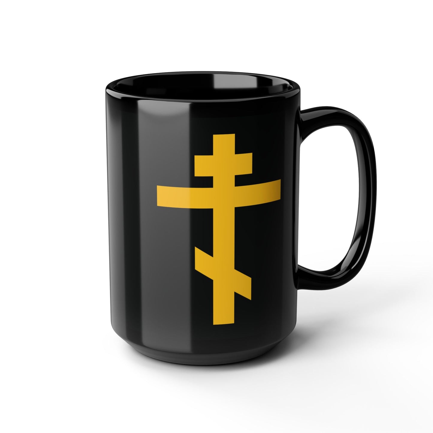 Black mug featuring a yellow Orthodox Cross, titled "Precious and Life-Giving Weapon of Unseen Warfare | Scourge of Demons"—a powerful symbol for Orthodox Christians.