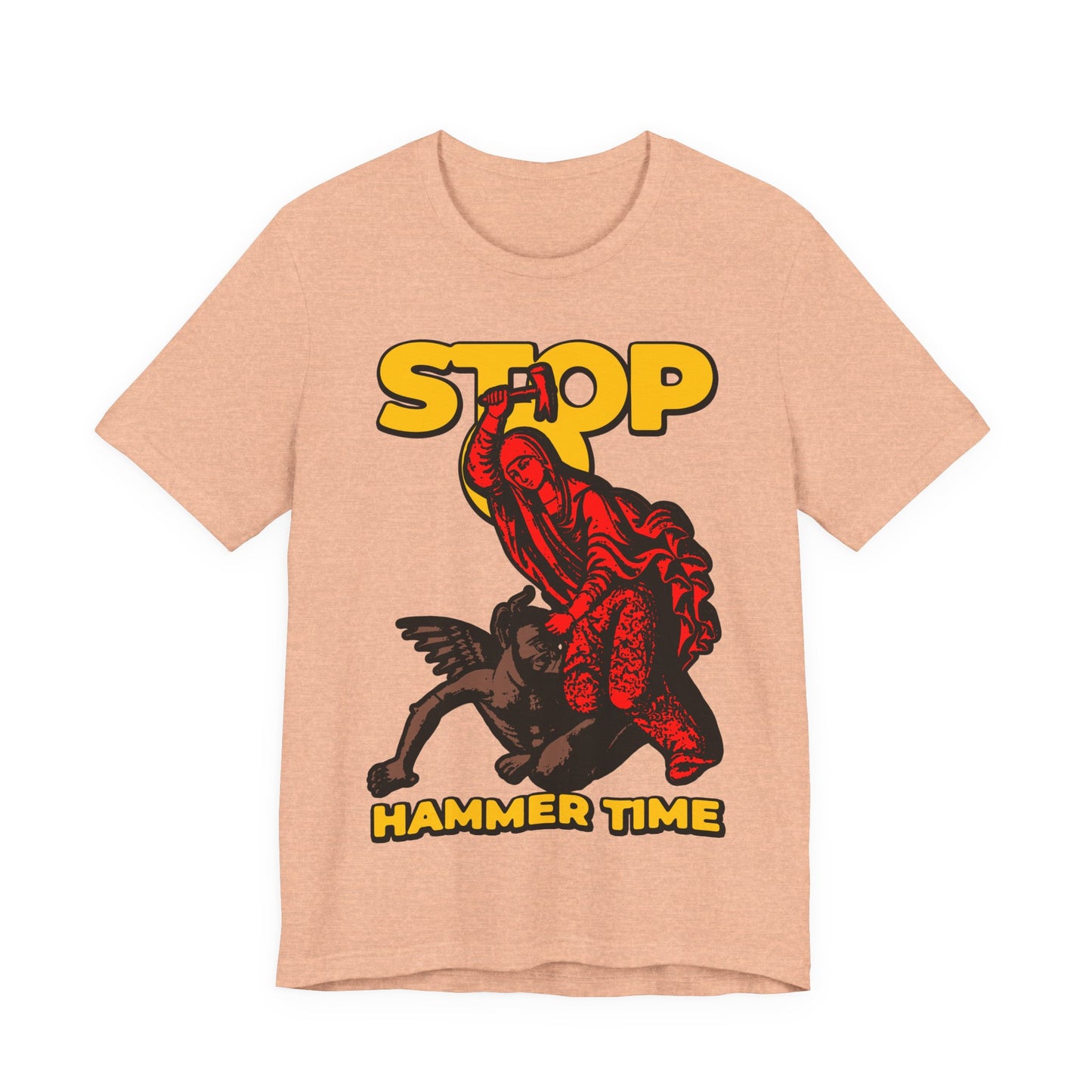 Peach tee featuring St Marina of Antioch beating the devil with a hammer, bold yellow "STOP, HAMMER TIME" text—modern Orthodox meme nodding to legendary saints. Red, blue, and yellow graphic on a Christian unisex shirt.