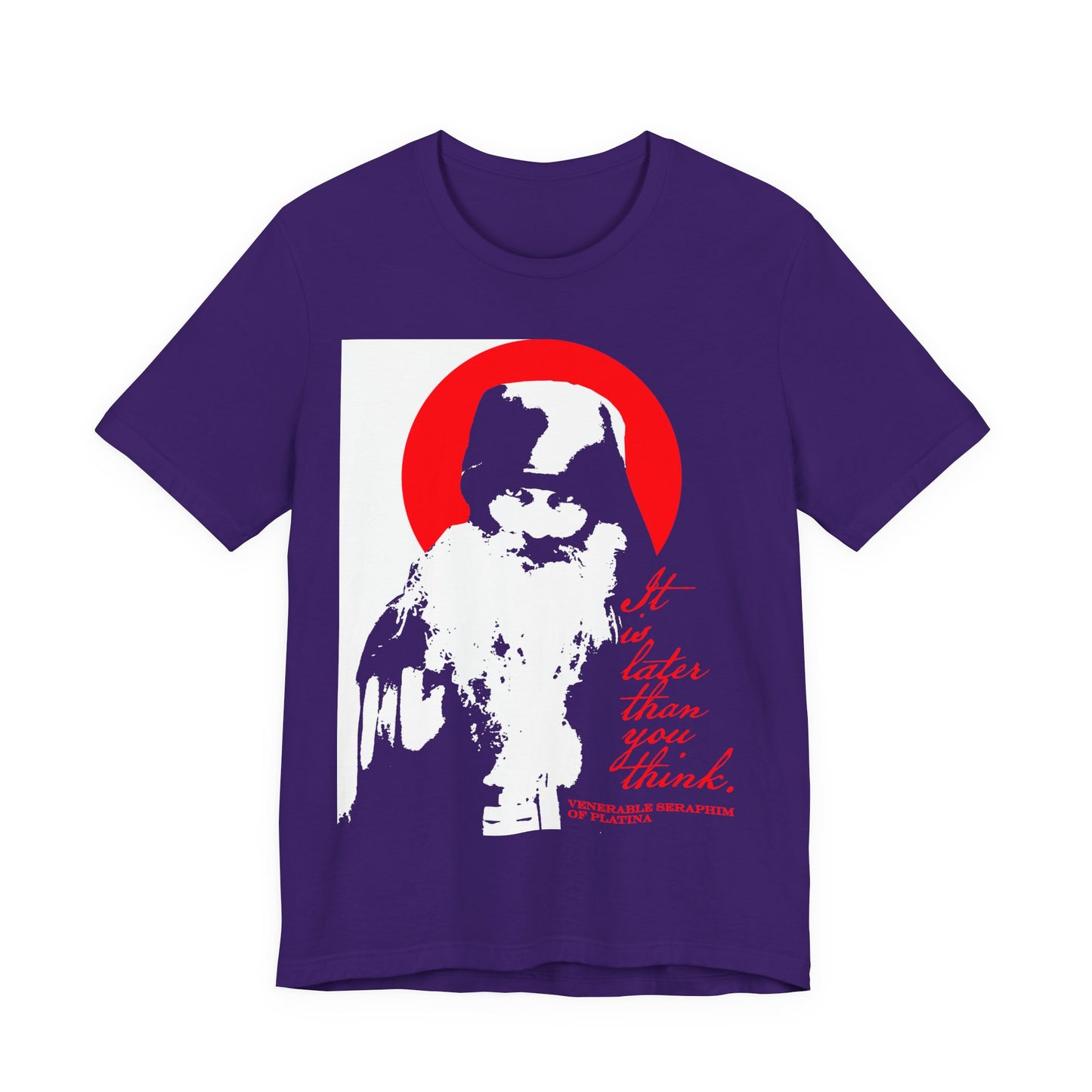 Team Purple “It’s Later Than You Think” t-shirt features a high-contrast graphic of Fr Seraphim Rose with a red circle and the quote, inspired by Orthodox memento mori themes and mindful spiritual discipline.
