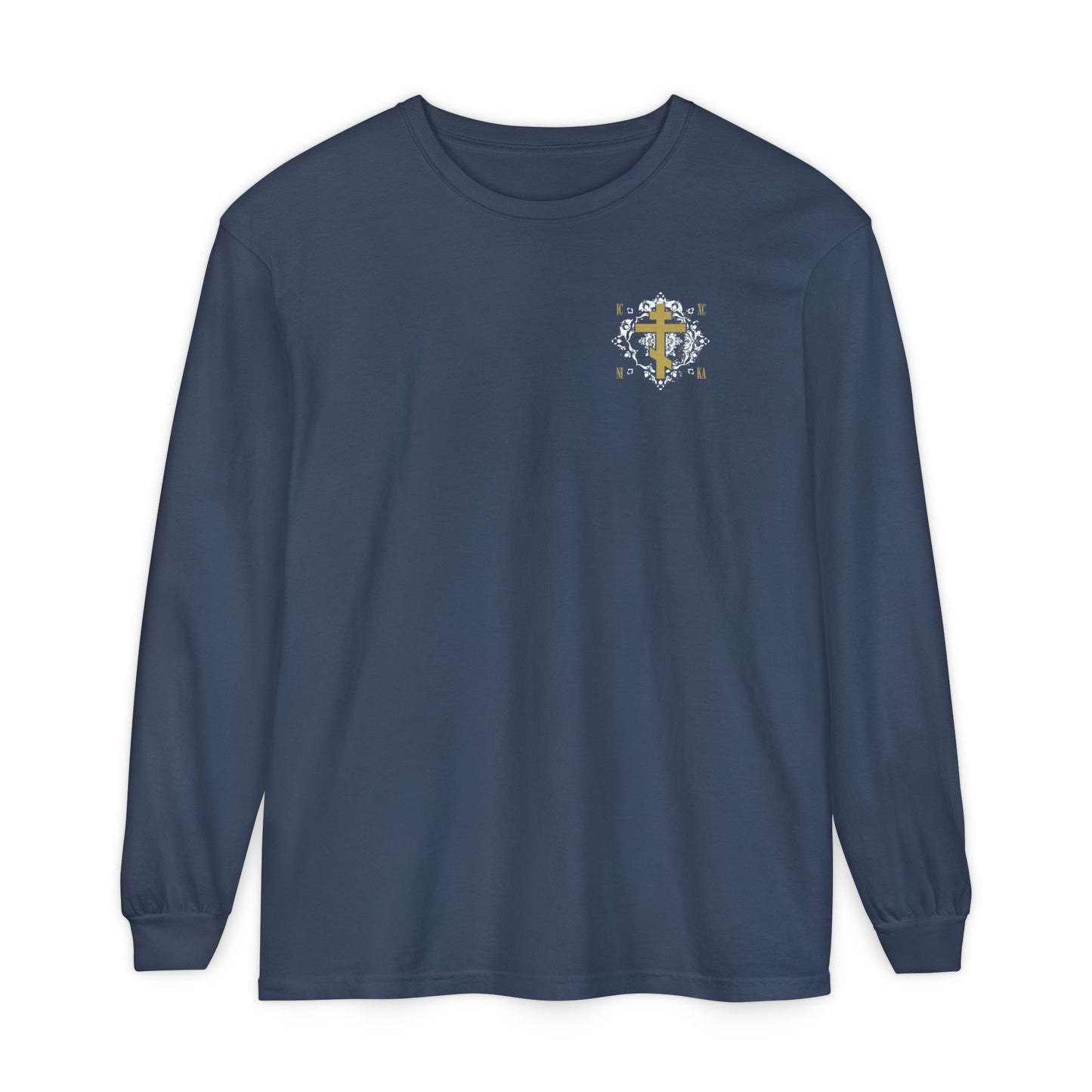 Gold Orthodox Cross ICXC NIKA  (Small Design) | White Medieval Ornate Floral Pattern | Jesus Christ Conquers | Christian Long Sleeve
