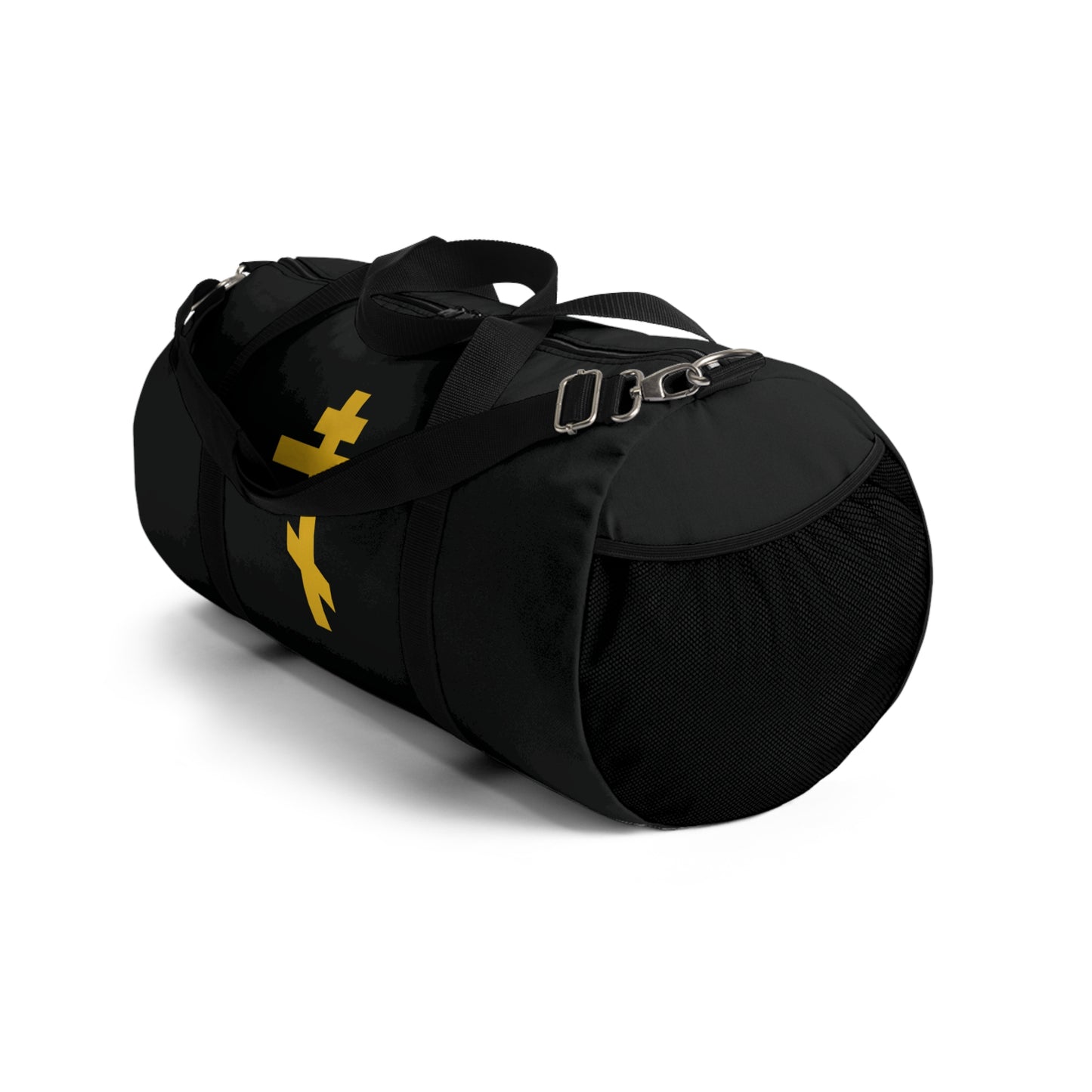 Yellow Orthodox Cross Black Background duffel bag—Orthodox Christian gym accessory, featuring "Precious and Life-Giving Weapon of Unseen Warfare," inspired by Galatians 2:20, with yellow accents and adjustable shoulder strap.