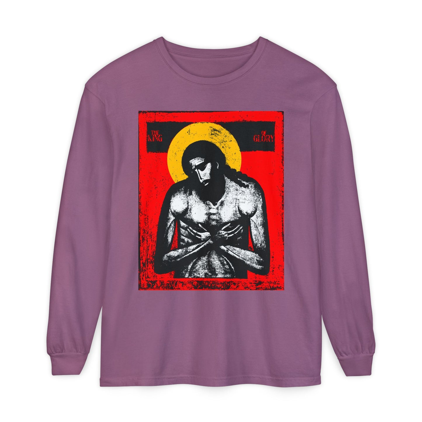 Berry long-sleeve "The King of Glory Jesus Christ 'Extreme Humility' IconoGraphic" shirt featuring a sorrowful Jesus with yellow halo on red, inspired by Isaiah 53. Christian devotional in red, yellow, white, and black.