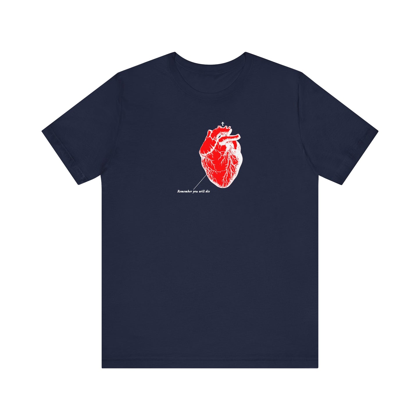 This navy Remember You Will Die T-shirt, crafted from high-quality cotton, features a red anatomical heart design with remember your art beneath it.