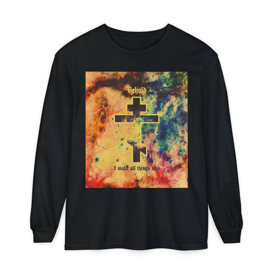 Behold, I Make All Things New (Rev 21:5) | Cosmic Orthodox Cross On Inverted Starfield | Second Coming | Orthodox Christian Long Sleeve Shirt