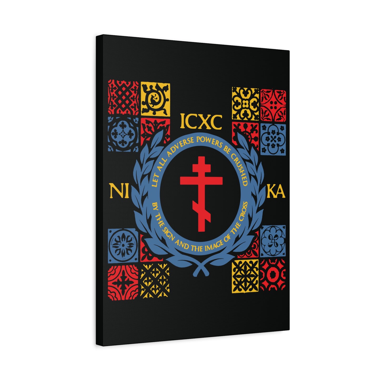 Let All Adverse Powers Be Crushed (Red, Yellow & Blue Design) | ICXC NIKA | Medieval Tile Design | Orthodox Christian Canvas Art