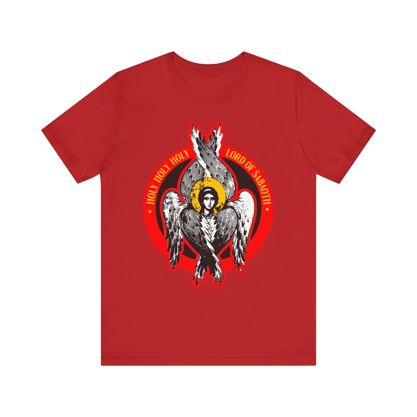 Red lightweight cotton unisex tee featuring a seraphim angel graphic and "Holy Holy Holy Lord of Sabaoth," inspired by Isaiah 6 and the unseen realm.