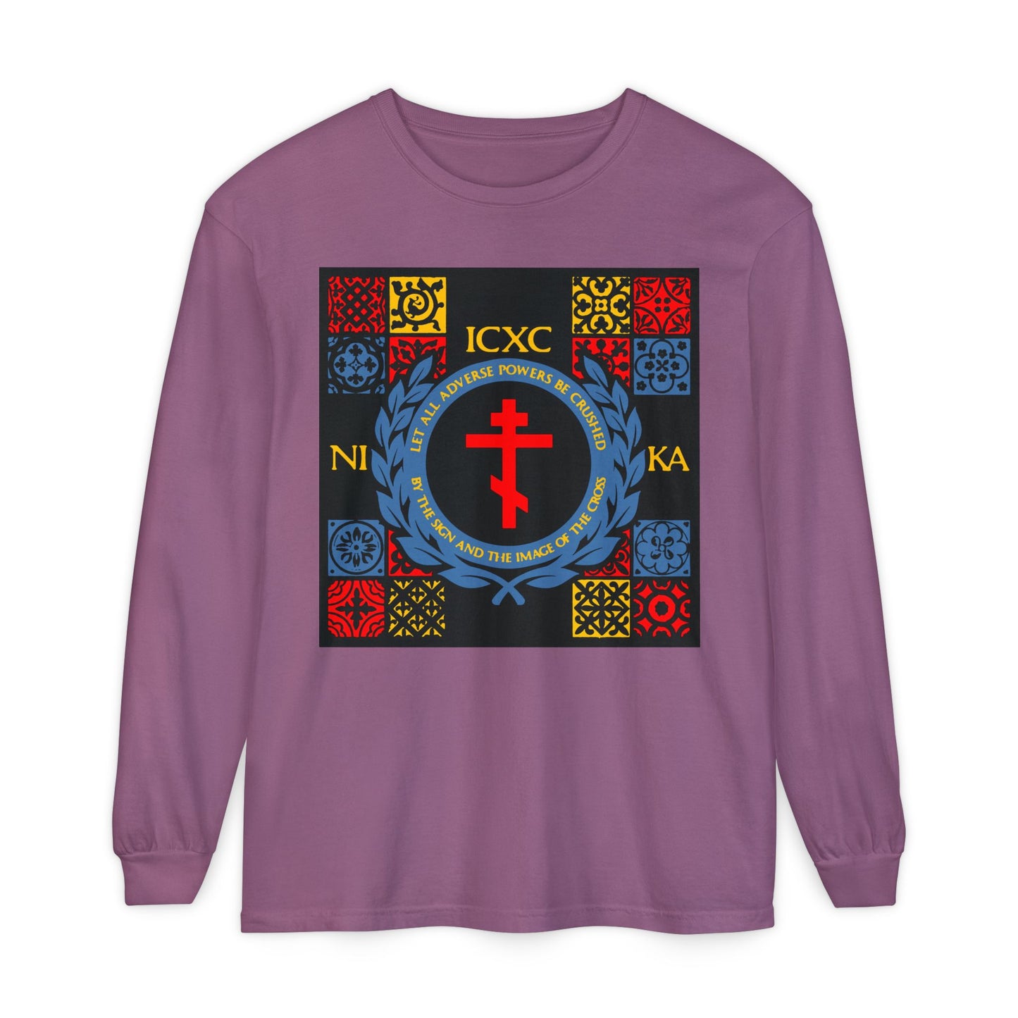 Let All Adverse Powers Be Crushed (Red, Yellow & Blue Design) | ICXC NIKA | Medieval Tile Design | Orthodox Christian Long Sleeve Shirt